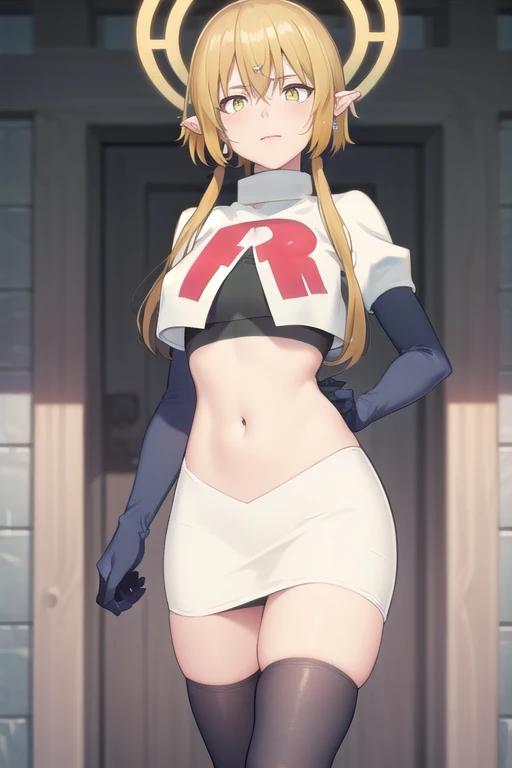 (Masterpiece), (realistic skin texture), extremely detailed, best quality, woman, short hair, blonde hair, yellow eyes, long twintails, pointy ears, halo, gold and purple earrings, team rocket,team rocket uniform,white skirt,red letter R,crop top,black thigh-highs,black elbow gloves