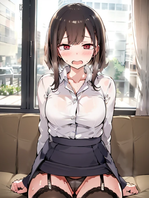 Tabletop, Highest quality, 8k, office lady、Navy Recruit Suit、Tight mini skirt、Award-winning portraits, alone, Digital single-lens reflex camera, Looking at the audience, Thin arms, whole body、Put your fingers in your pantieasturbation、Ahegao、Professional Lighting ,{Sitting in front of the station},((Lace panties、Garter Straps、garter belt、Garter Stockings))