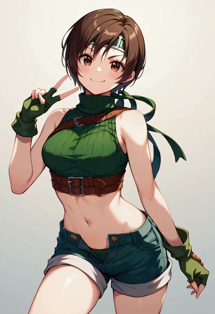 score_9, score_8_up, score_7_up,BREAK best quality,high quality,masterpiece,aesthetic,very aesthetic, soro,1girl,yuffie kisaragi,, final fantasy,short hair,headband,navel,sleeveless,turtleneck
brown eyes,
sleeveless turtleneck,gloves,crop top,brown hair,shorts,midriff,sweater,open fly,fingerless gloves,ribbed sweater,looking at viewer,smug,v,v-shaped eyebrows,wide eyes,