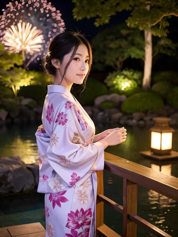 A beautiful woman wearing a violet yukata、Watching fireworks in a traditional Japanese garden。The garden is lush and green、It features classic elements such as stone lanterns and koi ponds.。Women&#39;s yukatas are decorated with delicate floral patterns.、She has a serene expression as she watches the vibrant fireworks light up the night sky.。The soft light of the fireworks illuminates the scene.、It creates a magical and peaceful atmosphere.。The details are of high quality、Ultra-realistic 8K、It perfectly captures the elegance and beauty of the moment.。You can see the cleavage with big breasts、The yukata is open