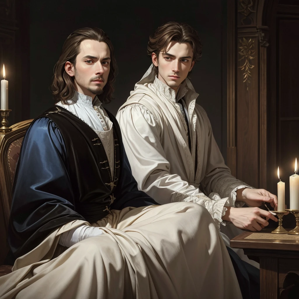 Portrait of Christopher Marlowe, white skin, piercing icy blue eyes, silky golden-brown hair, refined features, charp jawline, clean shaved, Elizabethan clothes, black Elizabethan velvet jerkin, white laced shirt, soft light, elegant, gently dangerous man, candlelight, chiaroscuro, masterpiece, oil painting, oil on canvas, Renaissance, Caravaggio style, realism, high quality