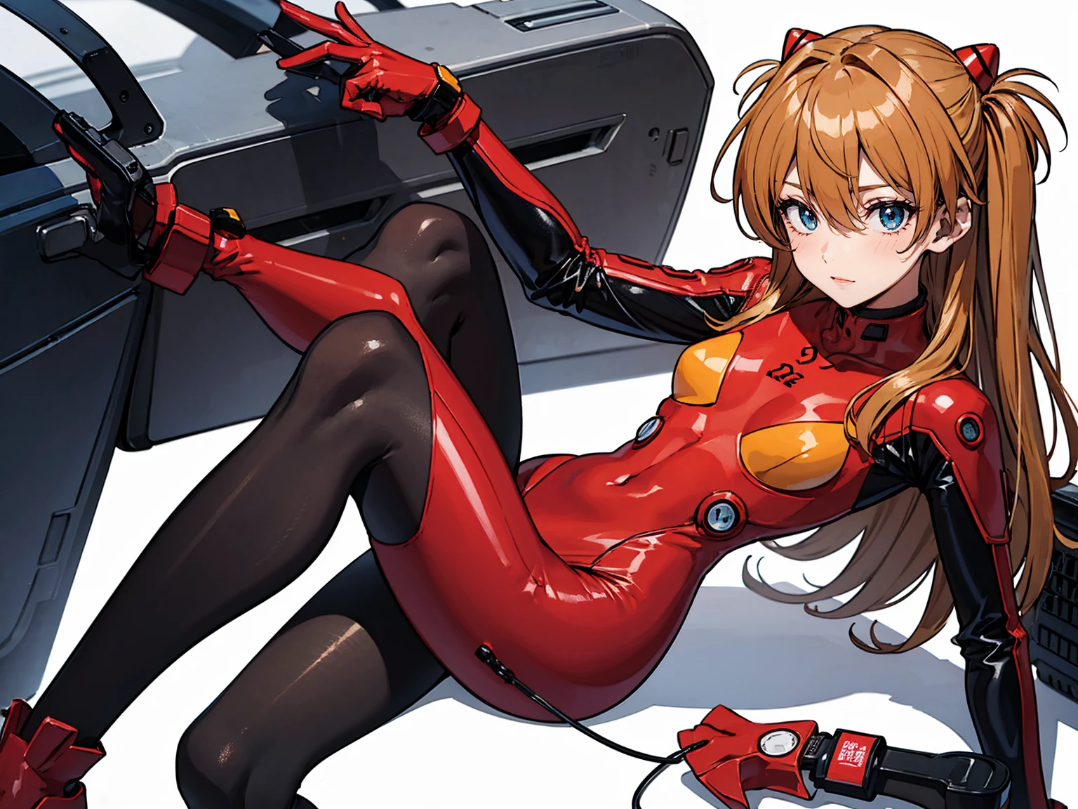masterpiece, best quality, ï¼Œsouryuu asuka langleyï¼Œ1girl, solitary, Plug Kit, Chest, long_hair, Red_Tights, orange_hair, Tights, Watch_exist_Viewer, White_background, Ease_Chest, blue_Eye, simple_background, hair_between_Eye, sit, interface_earphone, Bangs, closure_Mouth