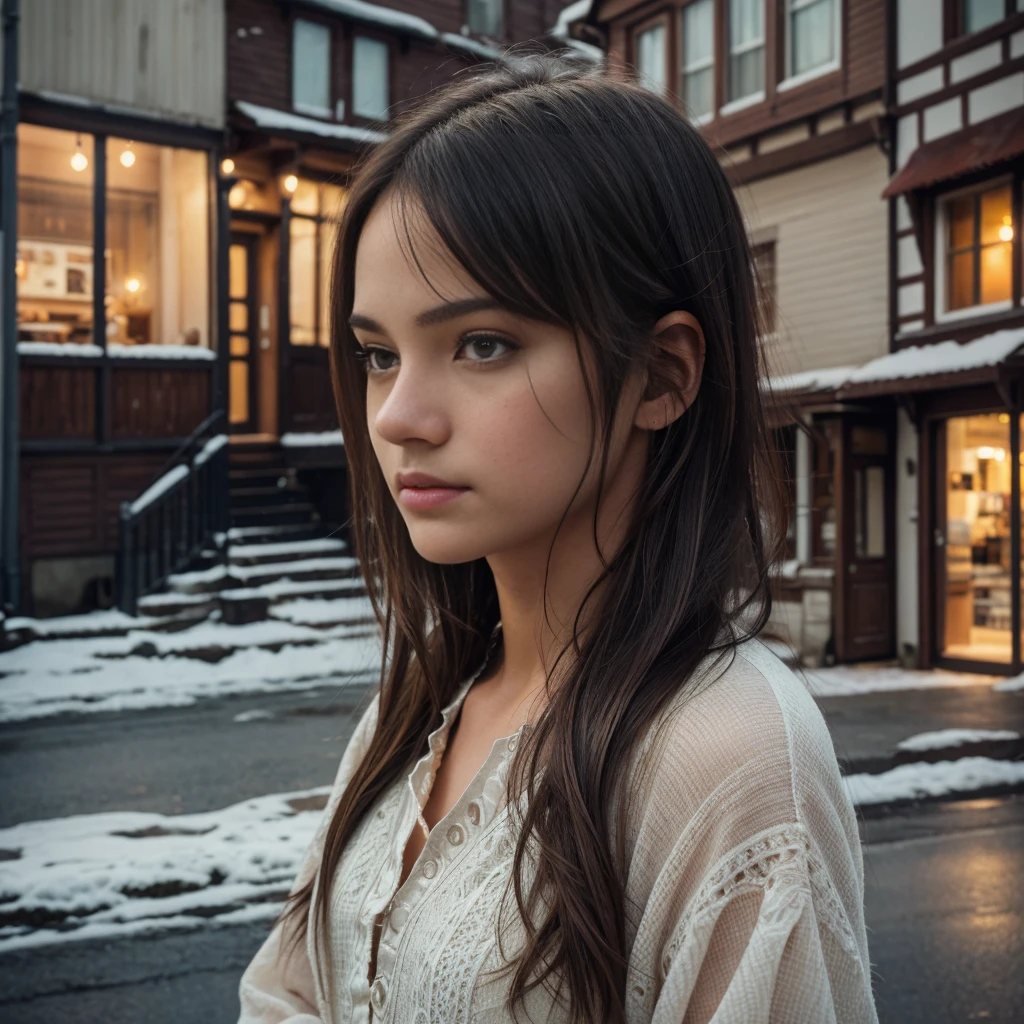 The scene depicted on the cover art is a serene, small town bathed in the soft light of dusk. In the foreground, a young woman stands alone, gazing into the distance with a mix of contemplation and resignation. The town around her appears frozen in time, with quaint buildings and streets enveloped in a quiet atmosphere. Yet, there's a sense of melancholy in the air, hinted at by the fading light and the girl's somber expression. The cover art captures the essence of the song's theme of fleeting moments and the abrupt changes brought about by fate.", High resolution, masterpiece, highest quality, Intricate details, Very detailed, Clear focus, Delicate skin, practical skin texture, texture, Delicate eyes, Professional, 4K, Shot with Canon, 85mm, Shallow and deep,  Kodak Vision Color, Exactly, Very detailed, photograph_\(Extremist\), photographpractical, practical, Post-processing, Maximum details, Roughness, Real Life, Extremist practical, Photorealism, photographgraphy, 8K Ultra HD, photographgraphy