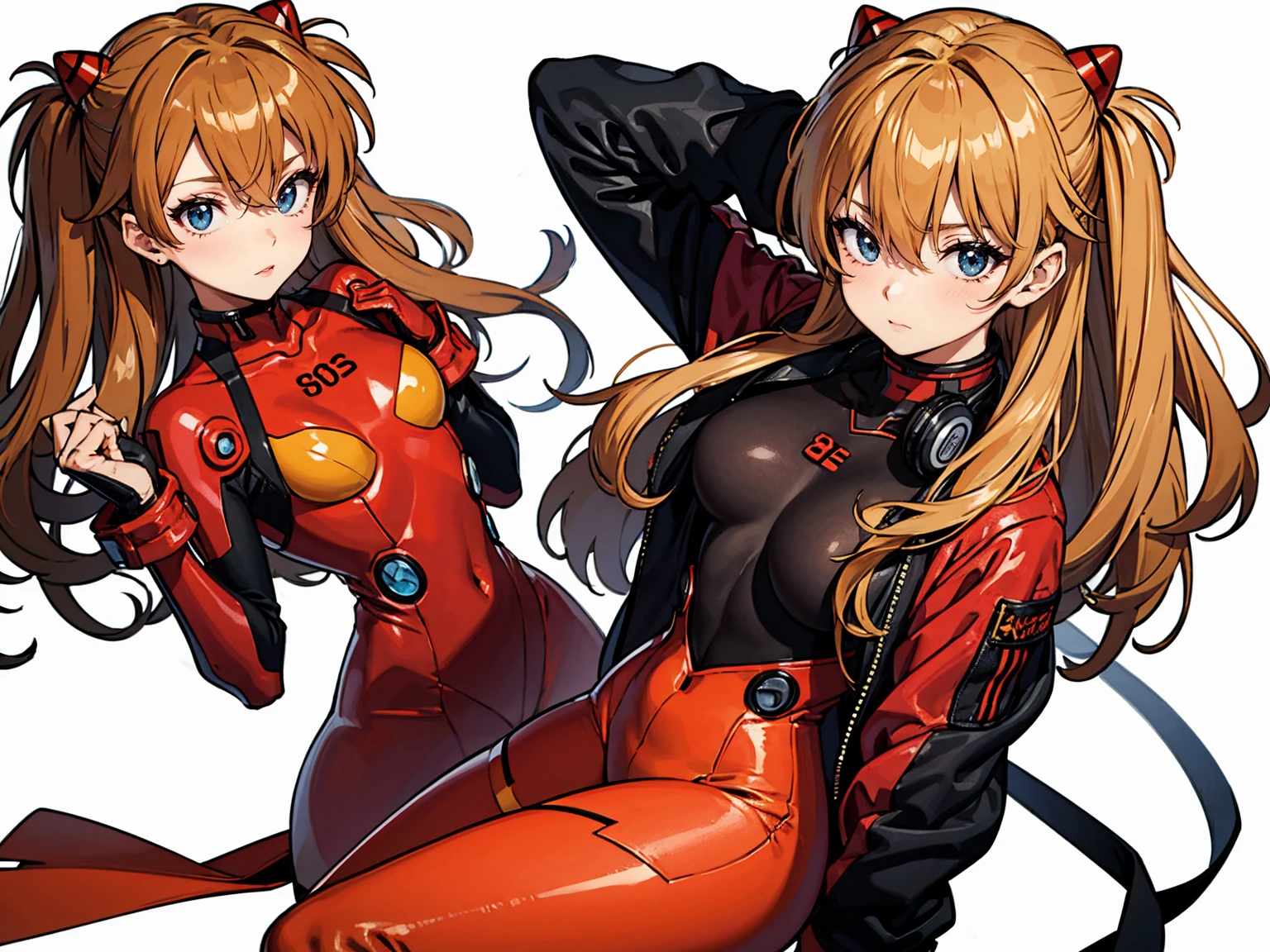 masterpiece, best quality, ,souryuu asuka langley,1girl, solitary, Plug Kit, Chest, long_hair, Red_Tights, orange_hair, Tights, Watch_exist_Viewer, White_background, Ease_Chest, blue_Eye, simple_background, hair_between_Eye, sit, interface_earphone, Bangs, closure_Mouth