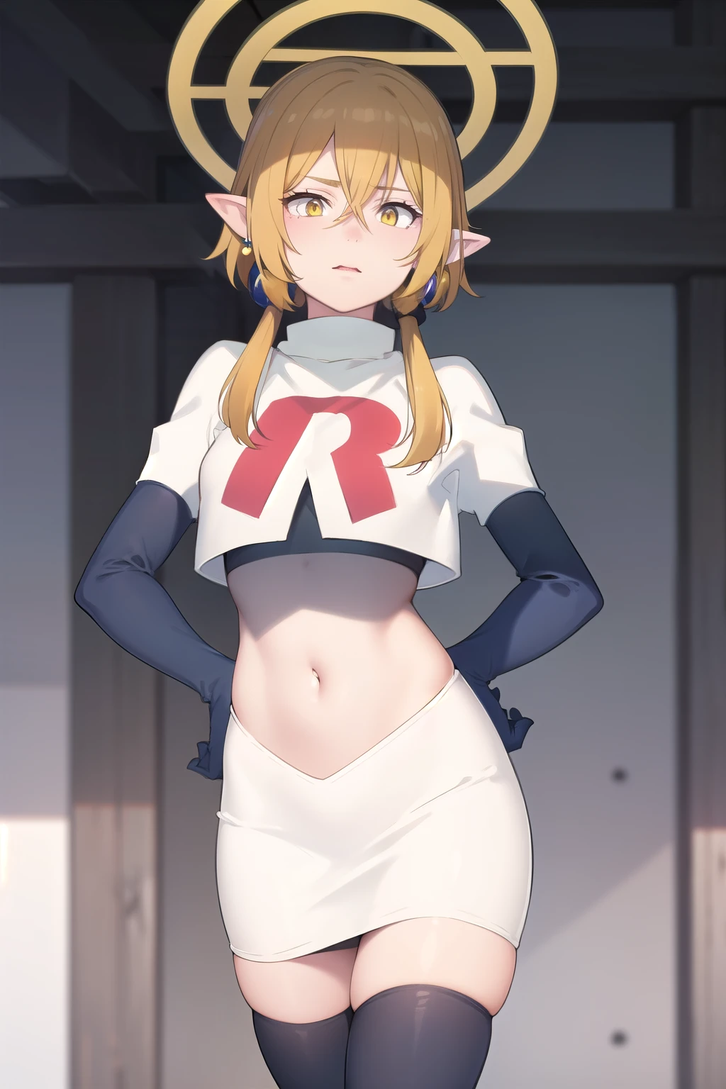 (Masterpiece), (realistic skin texture), extremely detailed, best quality, woman, short hair, blonde hair, yellow eyes, long twintails, pointy ears, halo, gold and purple earrings, team rocket,team rocket uniform,white skirt,red letter R,crop top,black thigh-highs,black elbow gloves