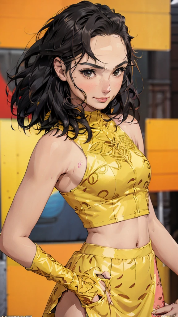 Anime style illustration of a female character with black hair ., smiling on a yellow background . The artwork features bright colors., Intricate details and sharp focus with high resolution and high level of detail. It has a perfect composition in anime art style with Japanese manga art style.. The rendering is of the best quality in the style of Akira Toriyama and Nyo.. --AR 21:32