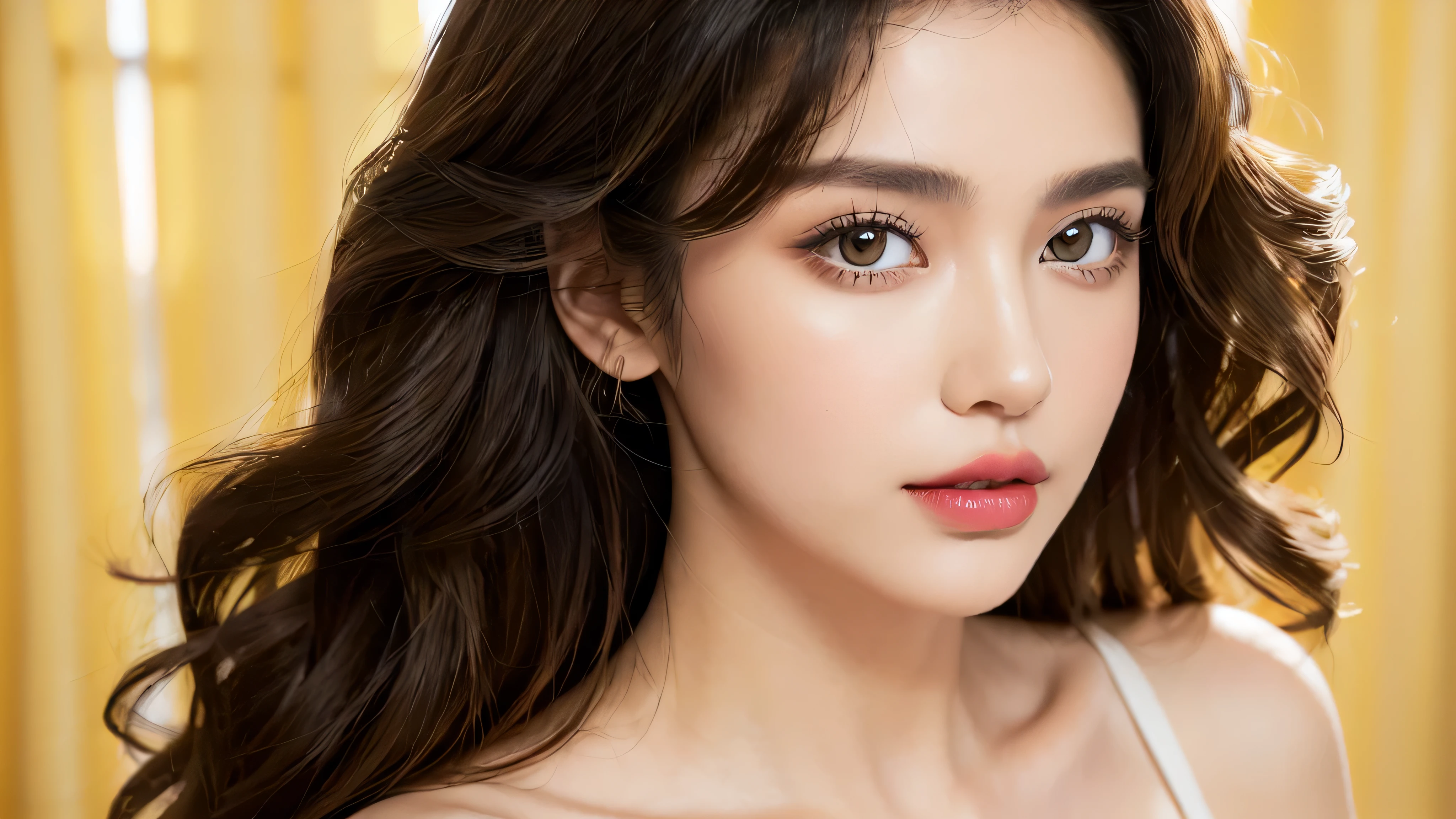 (((masterpiece: 1.5, best quality, high resolution: 1.3, Super resolution, super detail, super detail: 1.3, Rich Background: 1.2))), 1 girl, Alone, (Close-up photo of a beautiful 28-year-old girl in a classic light purple dress, beautiful makeup face: 1.2), stock photo film, camera f1. 6, Impressive classic lighting, Modern style, , Evening, Medium curly hair dyed light brown, (light yellow lipstick, brown eyes: 1.2)