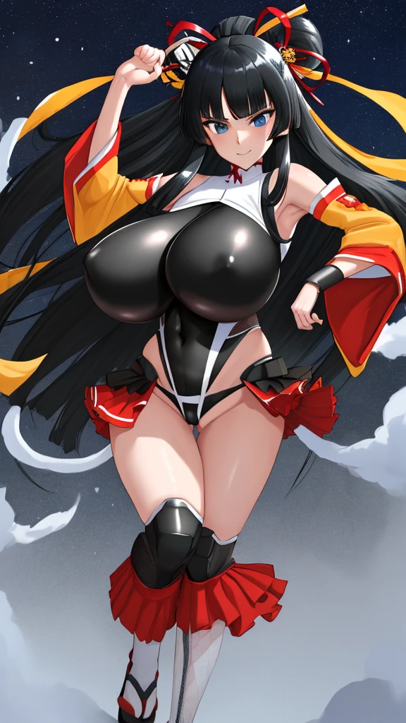 masterpiece, best quality, CG, wallpaper, HDR, high quality, high-definition, extremely detailed, taimanin leotard,  Girl in Japanese shrine maiden outfit, (Hime cut), (super long black hair),(((straight bangs, blunt bangs))),(White headband), Blue eyes, super long black hair, hair ornament, ribbon, smile, Showing her breasts, (Huge breasts:1.3), Cleavage, White kimono, Shoulder-exposing sleeves, open-chested costume, Short skirt, Red Skirt, (upskirt), cameltoe, serious expression, fighting pose, dynamic pose, city, night,  thick thighs, narrow waist