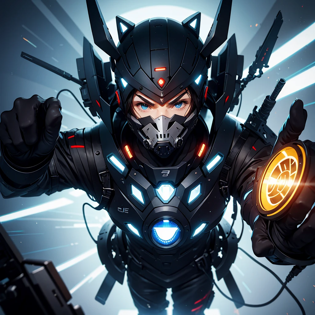 A technological mask that connects the mouth to a weapon 
