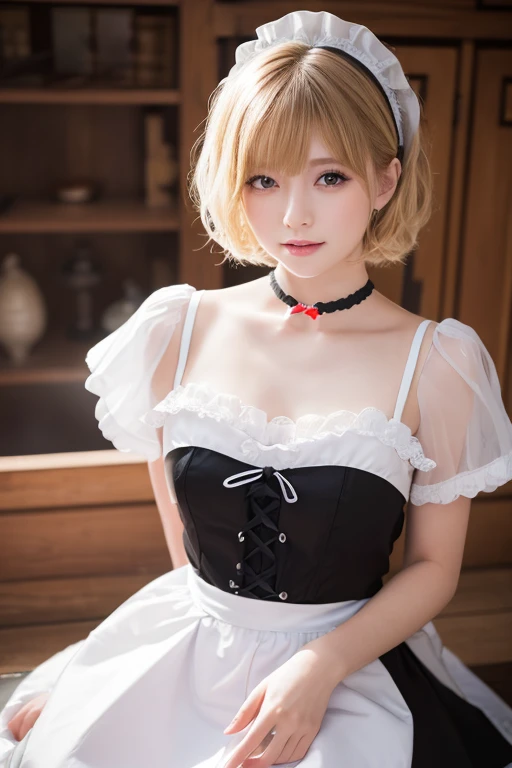 (Highest quality, High resolution, Realistic,8k,masterpiece, ),(Audience friendly)、Shoot from the front、Highest quality, masterpiece8k.High resolution. High resolutionabsurdres:1.2,Lens flare, (Bright colors:1.2), (delicate), (Sensual)、Japanese、blonde、short hair、Black choker、maid uniform、Full body photography