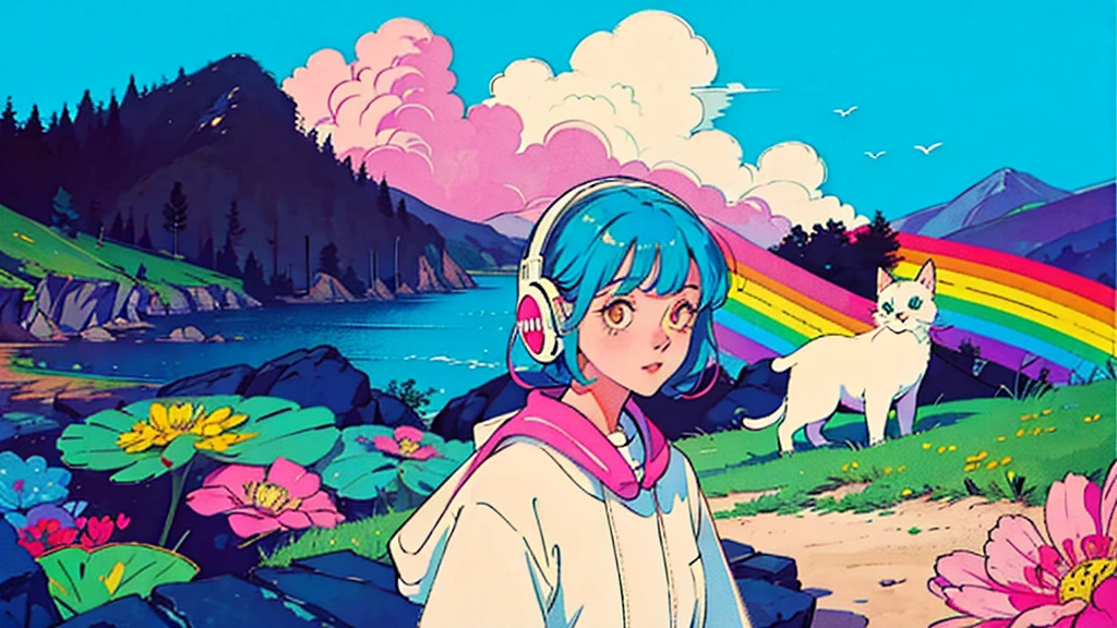 cute、colorful、Retro、Landscape、View your viewers、One Girl、Headphones、Rainbow Hair、Nostalgic、Cat on background