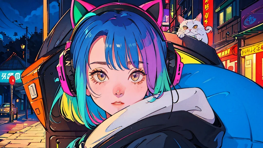 cute、colorful、Retro、Landscape、View your viewers、One Girl、Headphones、Rainbow Hair、Nostalgic、Cat on background
