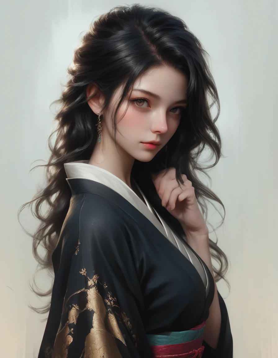 detailed portrait of a beautiful woman, long black hair, detailed skin texture, wearing a long black kimono, extremely detailed face, beautiful eyes, high quality, digital painting, photorealistic, 8k, intricate details, delicate features, soft lighting, warm color palette, graceful pose, serene expression