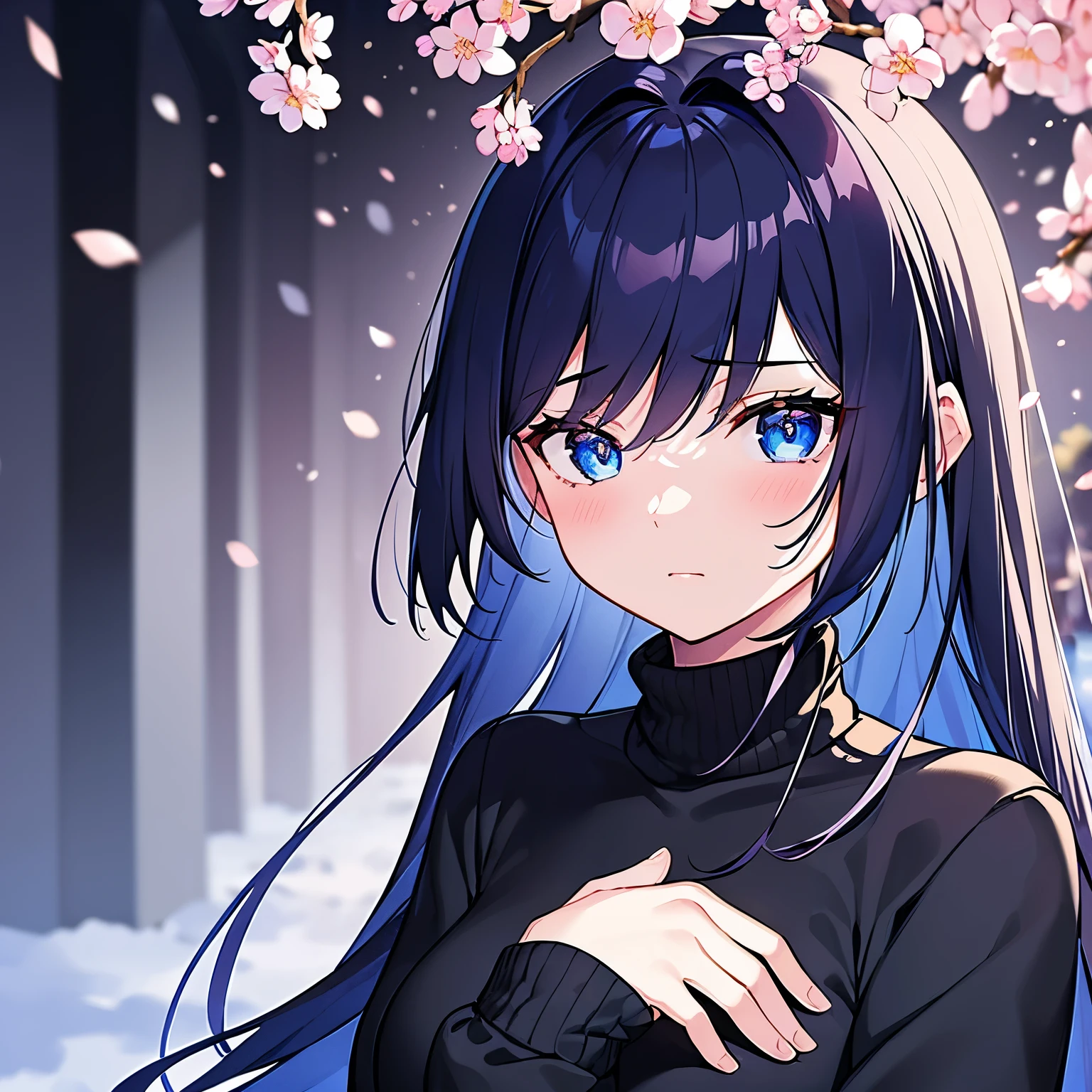 (best quality)), ((masterpiece)), (detailed), 1girl, black sweater, cobalt blue hair, dark blue eyes, cherry blossoms, blue background, nighttime, sad face, snow