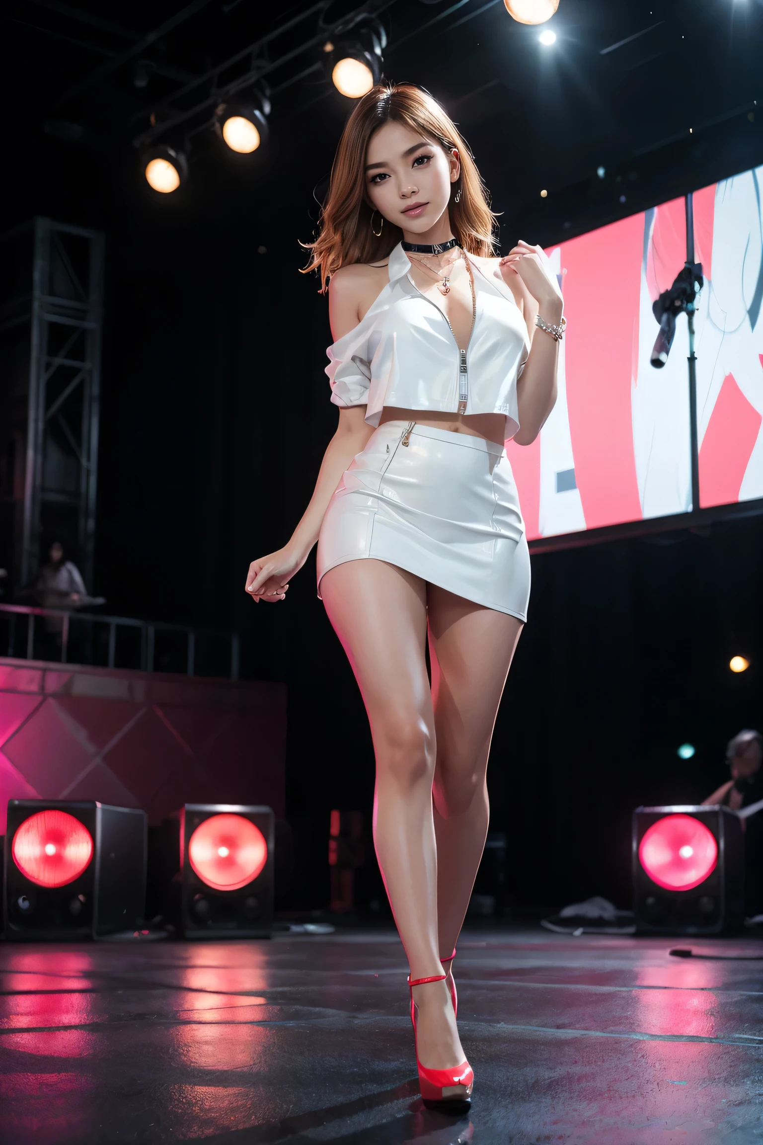(8k, best quality, masterpiece) A girl named Lisa (a Korean star), 25 years old, (very beautiful face, beautiful lips (Happy/excited expression), captivating eyes), beautiful face, (white skin, extremely delicate), bright blonde hair, average shoulders, sparkling eyes, pearl necklace, choker, red leather jacket (white shirt), (short leather skirt, red), tight with a zipper (uncovered, bare shoulders), long legs, red high heels, on the music stage (late night, dark, neon lights), (blurry background), dim light (no one behind: 1,3), Walking/striding pose, Direct view (full body shot).