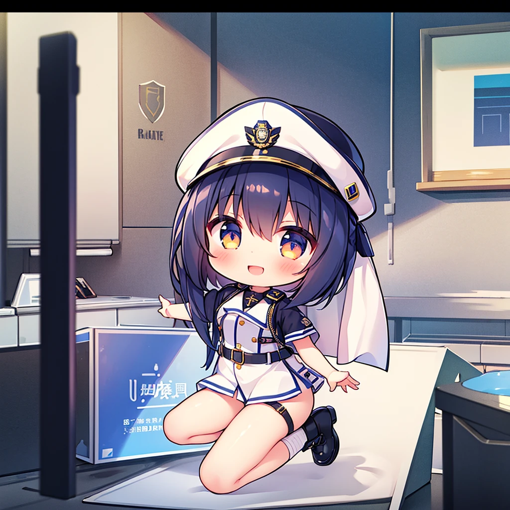 One Girl、最high quality、high quality、masterpiece、Police uniform, Police hat, Female police officer, sexy，With a smile，Blushed,View your viewers,,smile,whole body,From the side,One knee,,Look to the side(Little),(Littleキャラ)White background