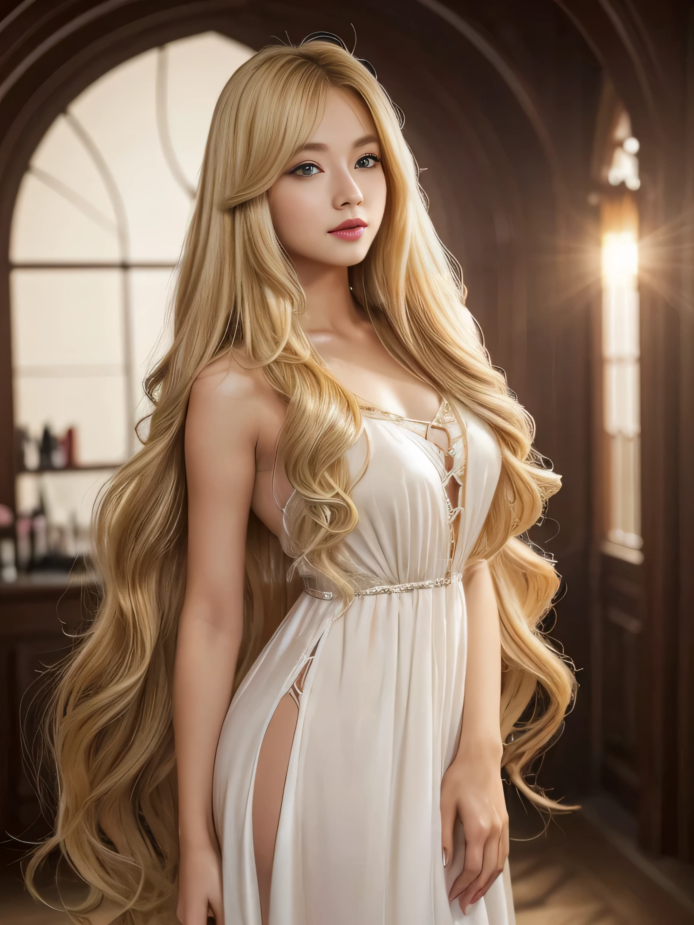 ((Full Shot:1.3)) (big 1.4) Beautiful Fantasy Girl ((She is a healer in the fantasy world.、Standing and casting healing spells!!!!!)) ((This is a fantasy world cave!!!)) (She is 24 years old、France's Most Beautiful Fantasy Girl Heroine) (She is wearing a pure white Victorian dress..) ((Highest quality)), ((masterpiece)), (Get used to it), Perfect Face (1 girl) ((Her hair is blonde:1.5)) ((Her hair is very wavy!!!)) ((Beautiful Fantasy Girl with Long Light Blonde Hair Very long hair down to the ankles!!!!! Highest quality Attention to detail long hair to the ankles!!!!!、Very long hair!!!!! It lasts forever:1.3 Flowing Hair!!!!! Very shiny そして thick hair Abnormally long hair that lasts forever!!!!! Flowing Hair on both ends!!!!! long hair to the ankles!!!!! long hair to the ankles!!!!! Thick and shiny hair Very free hair Abnormally long hair!!!!! Beautiful silky hair Beautiful and shiny hair Beautiful and shiny hair Beautiful silky hair long hair to the ankles!!!!! Very very, Very long hair!!!!! Very very, Very long hair!!!!!)) (Highest quality The best ultra-fine Very long hair that reaches down to the ankles!!!!!、Very long hair It lasts forever Flowing Hair Very shiny そして thick hair Abnormally long hair that lasts forever!!!!! Flowing Hair on both ends!!!!! long hair to the ankles!!!!! long hair to the ankles!!!!! Thick and shiny hair Very free hair Abnormally long hair!!!!! Beautiful silky hair Super long hair down to the ankles!!!!! Beautiful and shiny hair Beautiful and shiny hair Beautiful silky hair Ankle-length hair Very veryVery long hair!!!!! Very veryVery long hair!!!!!)) (Her bangs were completely cut off、Divided in the center) (She's sexy, Professional makeup Lipstick is bright red!!! The eyeliner is a beautiful black) Anatomically correct、Beautiful white human skin and、Detailed illustration of hands and fingers Beautiful Eyes Mouth Details the corners of the mouth rise slightly (Thin lips) good, Anatomically correct hand Anatomically correct five fingers Beautiful French woman face, French facial features Cool look (The eyebrows are dark brown in color) (She has the typical フランス語 complexion and build.) ((A flowing white mini dress adorned with intricate silver embroidery_Long sleeve_Thin:1.3))、((Sits on a bar chair by the counter in a seductive pose in a stylish bar at night:1.1))、((Big Breasts:1.5))、