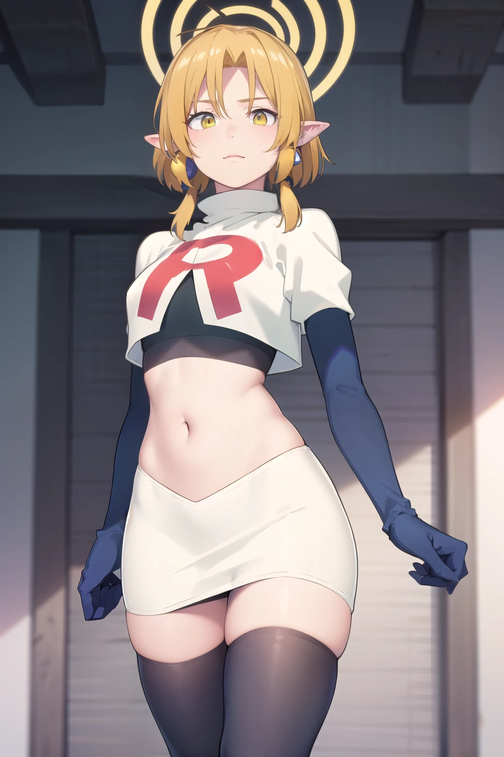 (Masterpiece), (realistic skin texture), extremely detailed, best quality, woman, short hair, blonde hair, yellow eyes, long twintails, pointy ears, halo, gold and purple earrings, team rocket,team rocket uniform,white skirt,red letter R,crop top,black thigh-highs,black elbow gloves