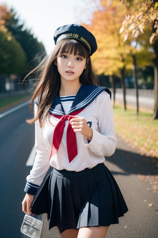 (masterpiece, top-quality, Hi-Res), A Japanese Lady,Late teens、 1girl in, Idol cuteness:1.5, Beautiful face:1.5、bob、Dark brown hair、 Hair fluttering in the wind、Sense of cleanliness、perspiring、Girls' High for Autumn Autumn use, Holding one student bag、solo, Blue sailor color, Sailor collar, sailor cap, Serafuku autumn use, a blue skirt, long-sleeve, Red ribbons,Beautiful Large Breasts, full bodyesbian,On the way to school、(Run in a hurry、Serious driving)、autumnal、Impatient、morning、