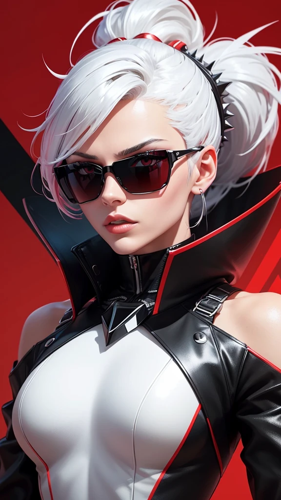 Create a digital artwork of a futuristic and stylish figure set against a vibrant red background. The figure should have a striking, spiky white and silver hairstyle, and be wearing sleek black sunglasses and a dark high-collar outfit. The overall design should be edgy, modern, and abstract, with a focus on bold colors and dynamic shadows."