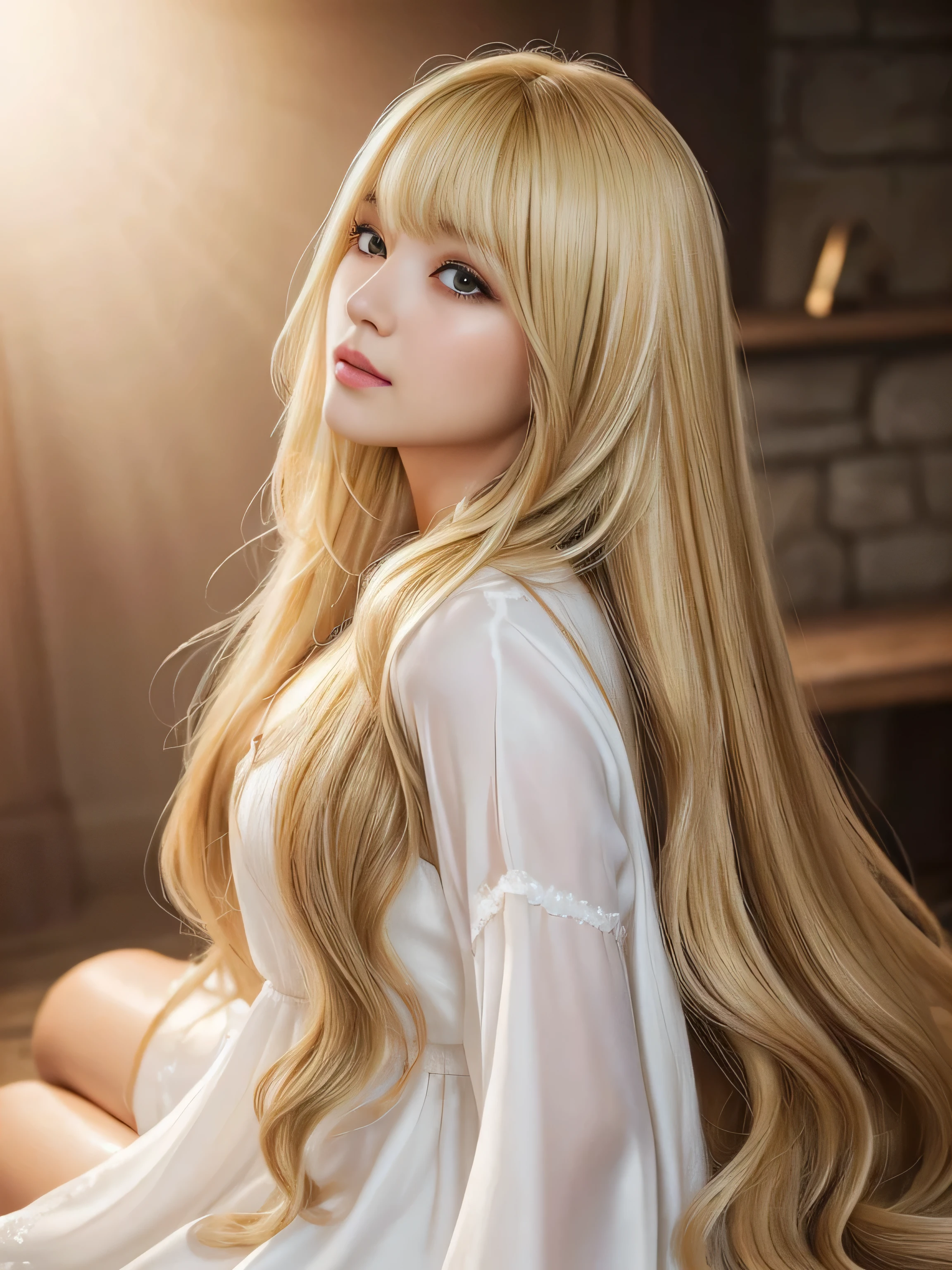 ((Full Shot:1.3)) (big 1.4) Beautiful Fantasy Girl ((She is a healer in the fantasy world.、Standing and casting healing spells!!!!!)) ((This is a fantasy world cave!!!)) (She is 24 years old、France's Most Beautiful Fantasy Girl Heroine) (She is wearing a pure white Victorian dress..) ((Highest quality)), ((masterpiece)), (Get used to it), Perfect Face (1 girl) ((Her hair is blonde:1.5)) ((Her hair is very wavy!!!)) ((Beautiful Fantasy Girl with Long Light Blonde Hair Very long hair down to the ankles!!!!! Highest quality Attention to detail long hair to the ankles!!!!!、Very long hair!!!!! It lasts forever:1.3 Flowing Hair!!!!! Very shiny そして thick hair Abnormally long hair that lasts forever!!!!! Flowing Hair on both ends!!!!! long hair to the ankles!!!!! long hair to the ankles!!!!! Thick and shiny hair Very free hair Abnormally long hair!!!!! Beautiful silky hair Beautiful and shiny hair Beautiful and shiny hair Beautiful silky hair long hair to the ankles!!!!! Very very, Very long hair!!!!! Very very, Very long hair!!!!!)) (Highest quality The best ultra-fine Very long hair that reaches down to the ankles!!!!!、Very long hair It lasts forever Flowing Hair Very shiny そして thick hair Abnormally long hair that lasts forever!!!!! Flowing Hair on both ends!!!!! long hair to the ankles!!!!! long hair to the ankles!!!!! Thick and shiny hair Very free hair Abnormally long hair!!!!! Beautiful silky hair Super long hair down to the ankles!!!!! Beautiful and shiny hair Beautiful and shiny hair Beautiful silky hair Ankle-length hair Very veryVery long hair!!!!! Very veryVery long hair!!!!!)) (Her bangs were completely cut off、Divided in the center) (She's sexy, Professional makeup Lipstick is bright red!!! The eyeliner is a beautiful black) Anatomically correct、Beautiful white human skin and、Detailed illustration of hands and fingers Beautiful Eyes Mouth Details the corners of the mouth rise slightly (Thin lips) good, Anatomically correct hand Anatomically correct five fingers Beautiful French woman face, French facial features Cool look (The eyebrows are dark brown in color) (She has the typical フランス語 complexion and build.) ((A flowing white dress adorned with intricate silver embroidery_Long sleeve_Thin:1.3))、((Sits on a bar chair by the counter in a seductive pose in a stylish bar at night:1.1))、