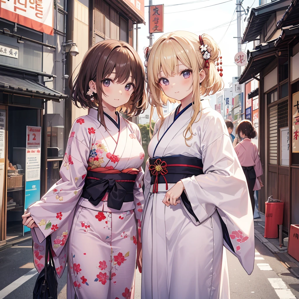 Photo of a short hair beautiful Japanese idol and a brown hair pretty Japanese idol and a long hair cute Japanese idol and a pretty long hair Korean idol and a blonde hair 20 years old Japanese idol in Shibuya.