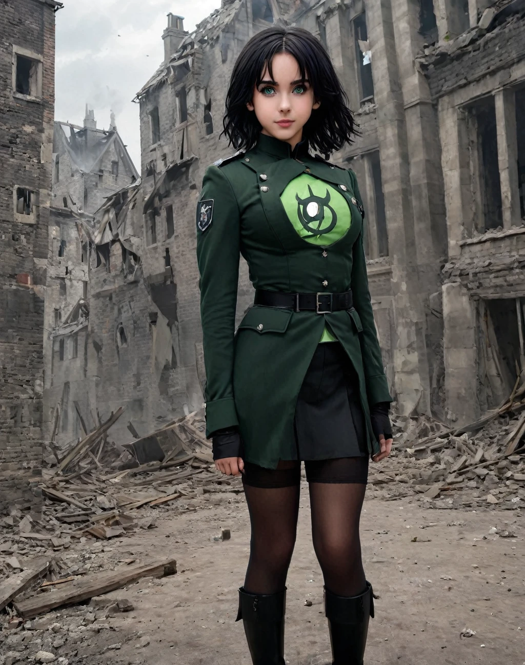 (masterpiece, best quality: 1.1), 1girl solo, illustration of 11 years old daughter of severus snape, cosplay of tanya, 1girl, solo,  black hair , flat chest, big breasts, curvy, military, military uniform, ,, evil smile, wicked expression, anger, green eyes, neutral lighting , standing in a destroyed city