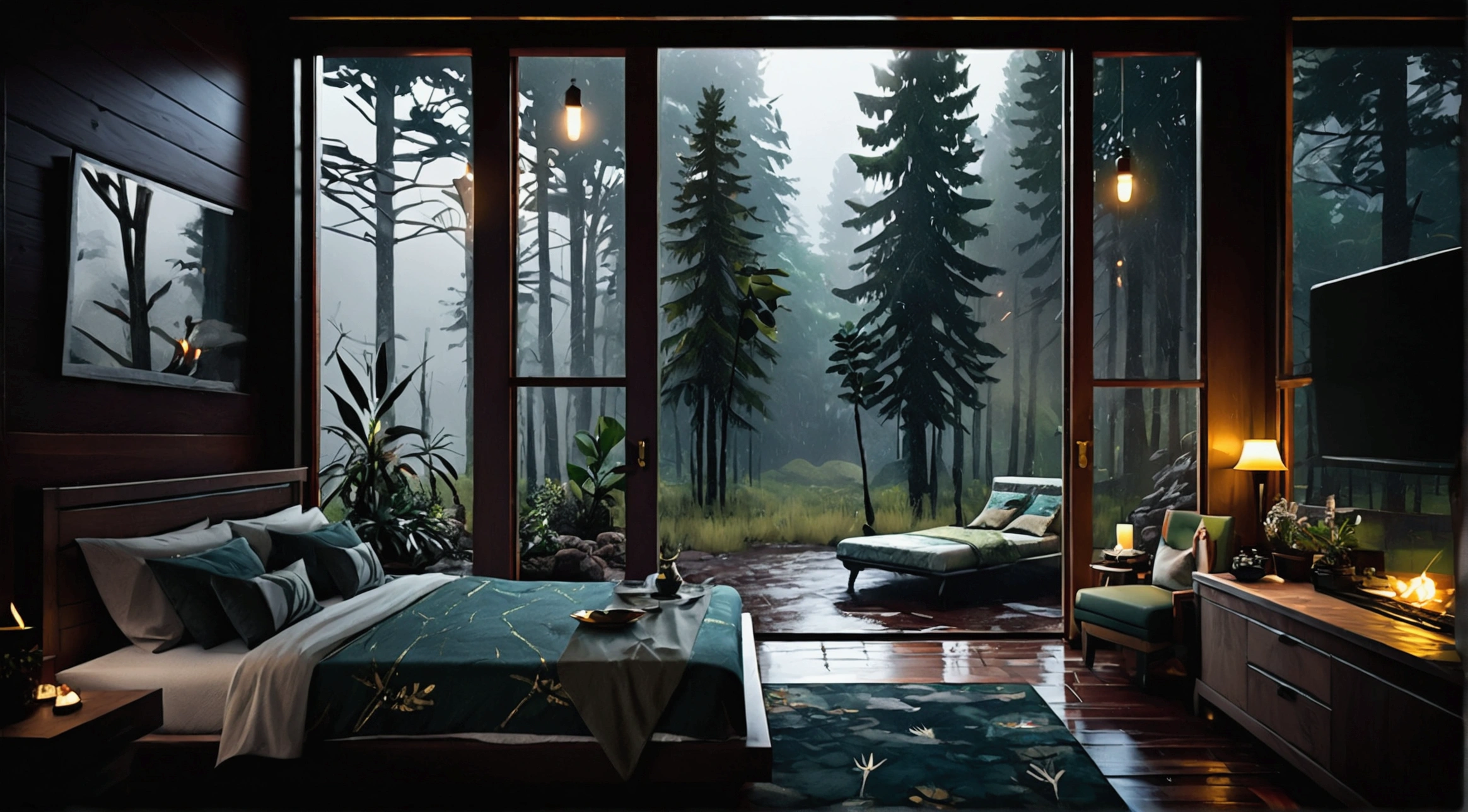 high resolution, high definition, high quality, landscape, realistic, log cabin, outside window, dark sky outside with cold rain, dark outside lighting, rain, fireplace, bed with green sheets, cool mood lighting, view side from the perspective of the bed, torch light in the house, bed on the left side. one bed, side perspective, tall pine forest outside, magic warm lights, magic floating candles, rainy season outside, green forest, long bed, no lamps or modern lamps, close to the bed perspective.