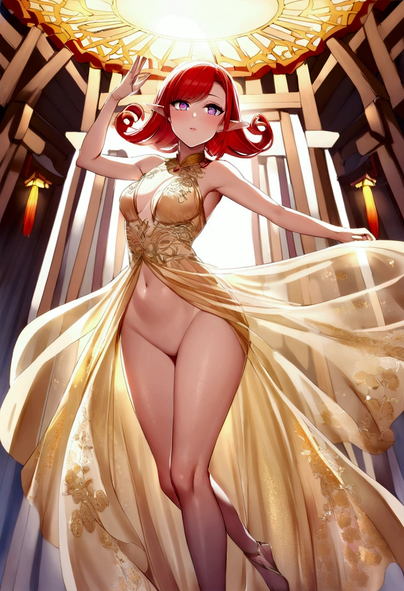 Kate Mara, age 25 (sun elf, almond skin, fire red hair curly, over large violet eyes, sheer golden silk gown with intricate embroidery, no underwear) doing a ritual dance (large exaggerated ballet like movements) to greet the sun, ivy covered shrine, show her from head to toe