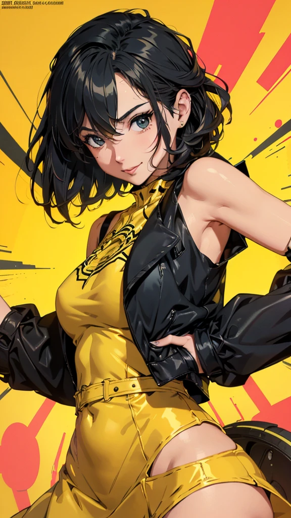 Anime style illustration of a female character with black hair ., smiling on a yellow background . The artwork features bright colors., Intricate details and sharp focus with high resolution and high level of detail. It has a perfect composition in anime art style with Japanese manga art style.. The rendering is of the best quality in the style of Akira Toriyama and Nyo.. --AR 21:32