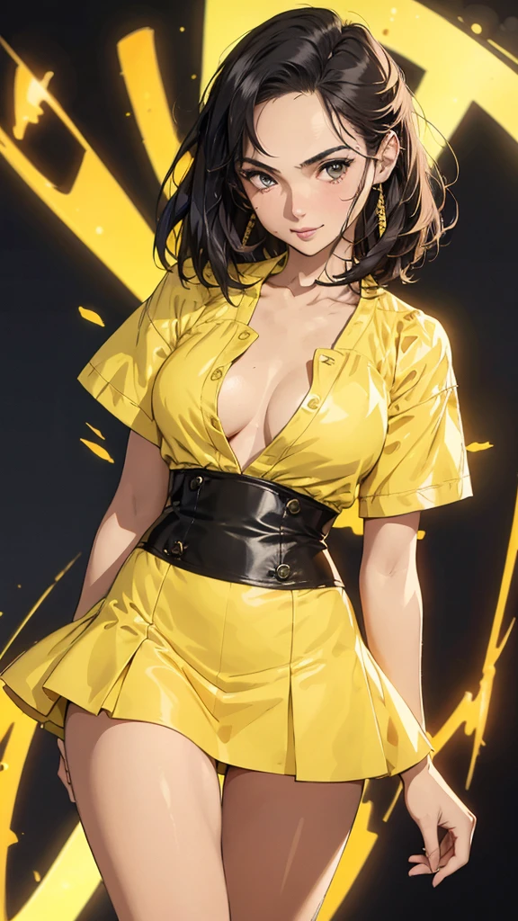 Anime style illustration of a female character with black hair ., smiling on a yellow background . The artwork features bright colors., Intricate details and sharp focus with high resolution and high level of detail. It has a perfect composition in anime art style with Japanese manga art style.. The rendering is of the best quality in the style of Akira Toriyama and Nyo.. --AR 21:32