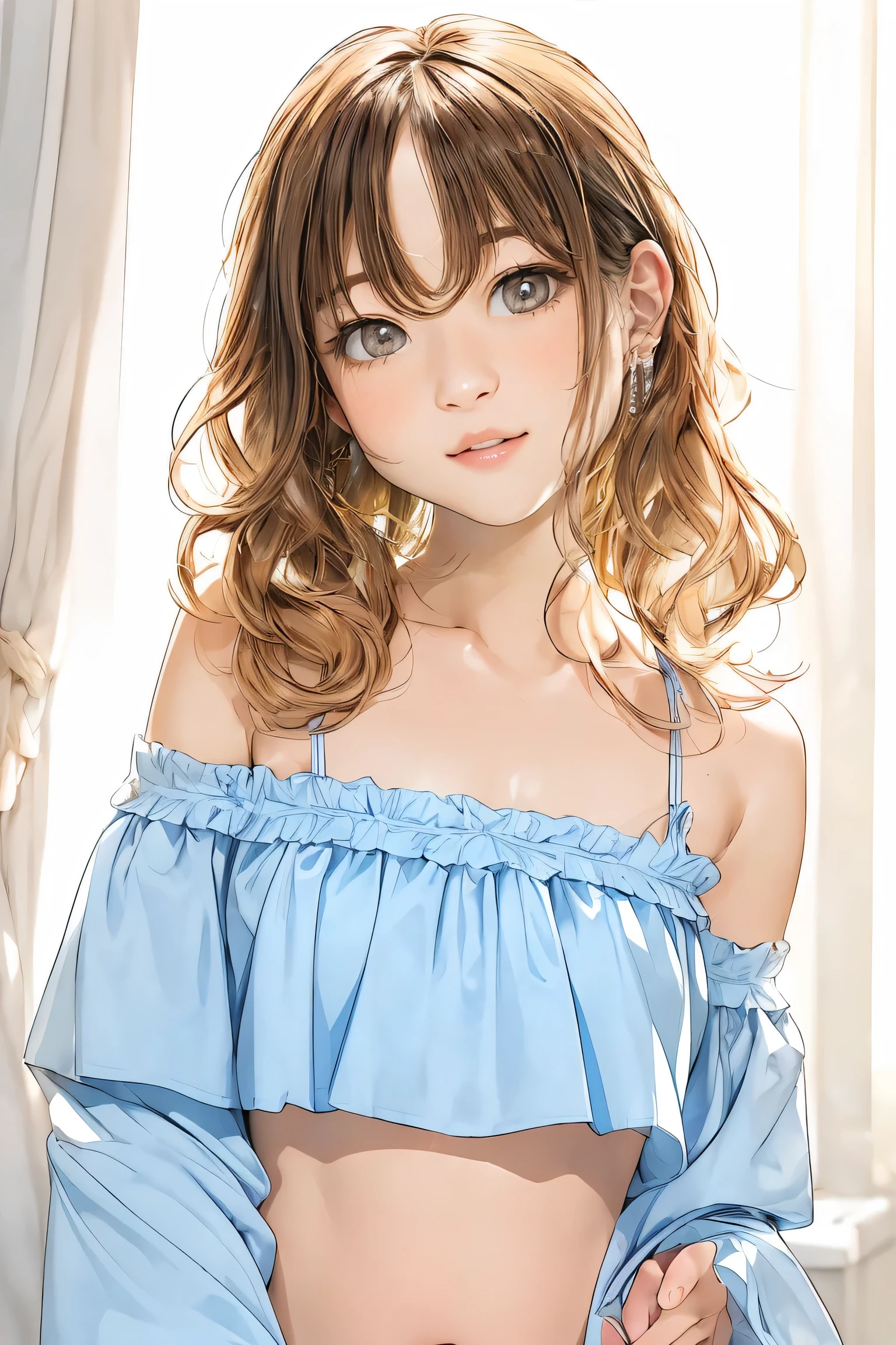  (8K high resolution)，(最high quality)，(RAW quality)，(Cowboy Shot:1.5)，(Realistic, Realistic:1.37)，Very detailed，One Girl，(Very detailedな)，(Big eyes)，(最high quality)，(Very detailed )，(masterpiece)，(Detailed face)，13 years old，1 girl，(Center of chest:1.5)，(Skinny girl:1.6)，(Baby Face:1.5)，(Young Body:1.5)，(Oily and shiny skin:1.5)，(13 years old middle school student:1.5)，(Short Woman:1.3)，(Tanned Gal:1.5)，(Healthy tanned skin:1.5)，Center of chest，Perfect lighting，BREAK，(Cute micro swimsuit:1.5)，(pastel colour:1.3)，(pink, Baby Blue, lavender:1.2)，(Small Flower:1.2)，(Given by the regiment:1.2)，(Soft fabric:1.3)，(silk, satin, cotton:1.3)，(Ribbon trim:1.3)，(Triangle bikini top:1.4)，(Micro Bikini:1.4)，(Off-the-shoulder blouse:1.4)，(Crop top:1.4)，(Puff sleeves:1.3)，(Frills:1.3)，brake，(high quality:1.5)，(The upper body and knees are within the frame:1.3)，(Wavy Hair:1.3)，(A kind smile:1.3)，(I tilted my head a little.....:1.2)，(please lift your chin:1.2)，(Lift one arm and show your armpit:1.4)，(Hands on hips:1.2)，(Tropical Beach:1.5)，(blue sea:1.4)，(White Sand:1.4)，(Backlight:1.4)，brake，