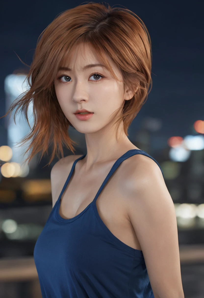 long windblown blue-caramel hair, looking at viewer, masterpiece, ((8k, photorealistic, RAW photo)), best quality, Indonesian, 1girl, beautiful face, realistic face, caramel hair, short hair, beautiful hairstyle, realistic eyes, beautiful detailed eyes, realistic skin, beautiful skin, attractive, ultra high res, ultra realistic, highly detailed, golden ratio, standing, front view, open stance, model posing, upper body, ((huge breasts)), concentrated expression, exposed breast shape, exposed breasts cleavage, night rooftop, city view, ultra detailed, hyper sharp, sharp focus, K-pop idol, J-pop idol, Italian woman, portraits, anime style, vibrant colors, bokeh lighting, ((Stretch out the breasts of the tank top)), upon body from head to thigh