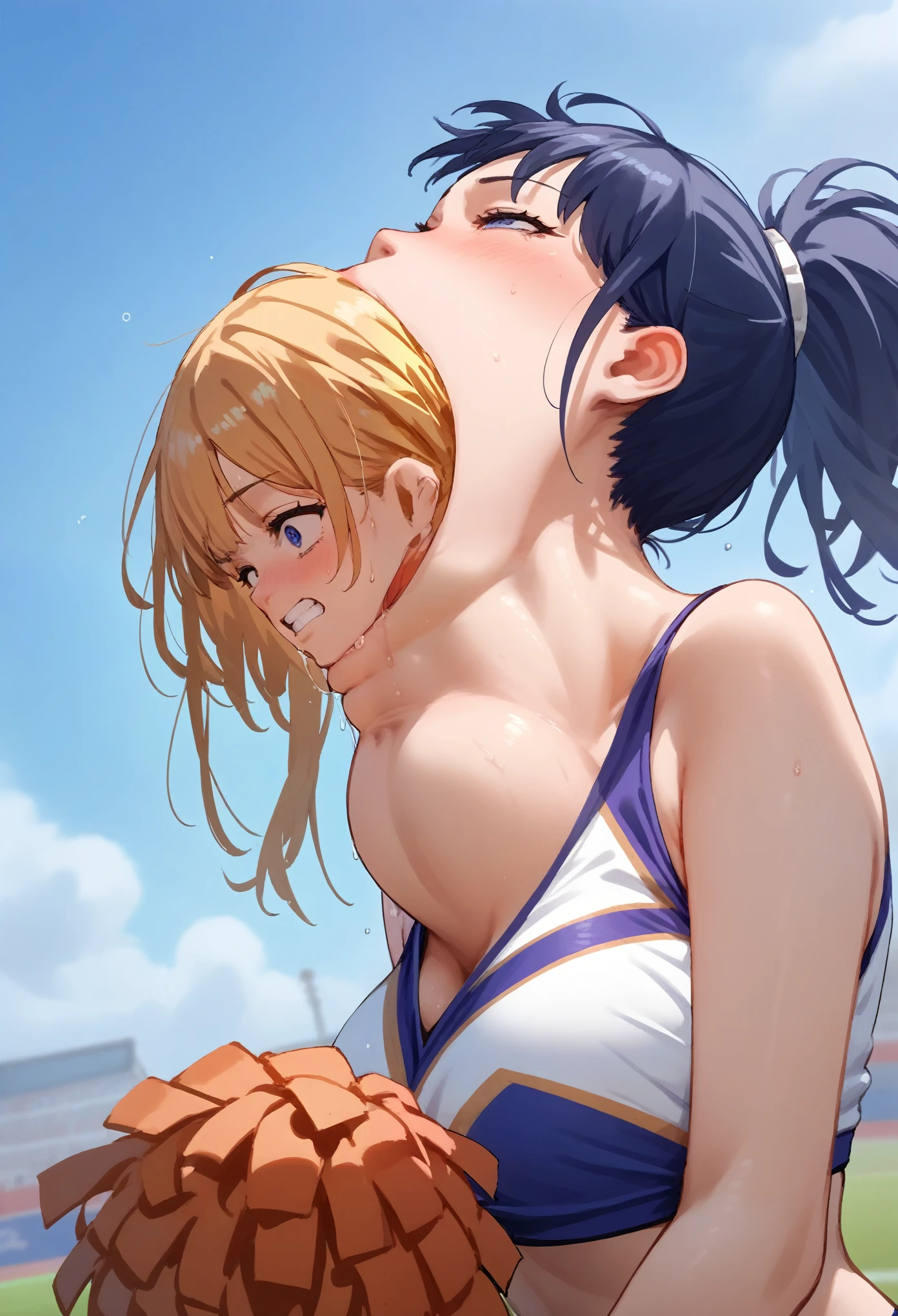 score_9, score_8 up, score_7 up, score_6 up, source_anime, anime_coloring, cheerleader, swallowing_whole, (swallowing_upper_body), throat bulge,  same size, breasts