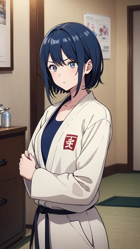 ((masterpiece, Highest quality, Very detailed, Very nice 8K CG wallpaper)), , A little thick, Medium Hair, Navy Blue Hair, short hair, Dark blue eyes,judo player、長袖judo着、Large bust、ロングjudoパンツ、judo、Serious expression、Inside the judo Gymnasium、、On the tatami、discovery、One Girl、Ready for battle、A tough fight、Hoshino Ichika、Bust Size D Cup、Sweating