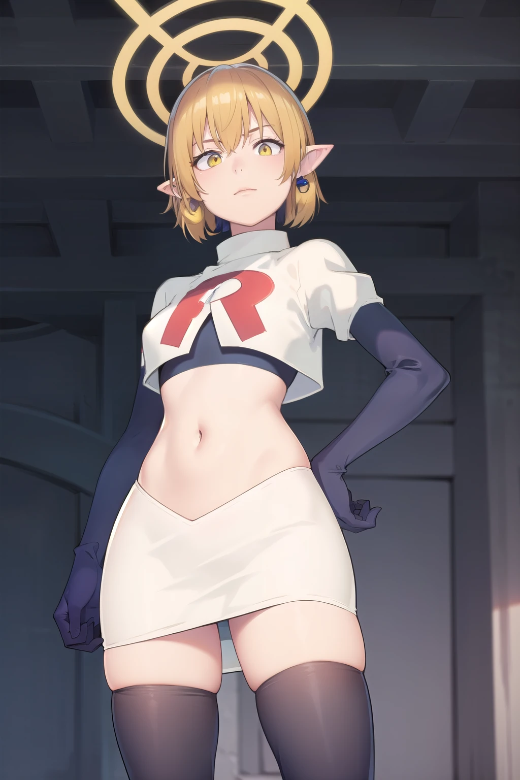 (Masterpiece), (realistic skin texture), extremely detailed, best quality, woman, short hair, blonde hair, yellow eyes, long twintails, pointy ears, halo, gold and purple earrings, team rocket,team rocket uniform,white skirt,red letter R,crop top,black thigh-highs,black elbow gloves