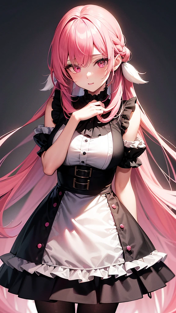 (Highest quality,High resolution,Very detailed,girl)black tights,Pink Hair,The hairstyle is long,height: 160cm,cute,Pink Eyes,She is wearing a black dress,Big Breasts,Her eyes are white and shining,Has bright white eyes,I look very embarrassed,