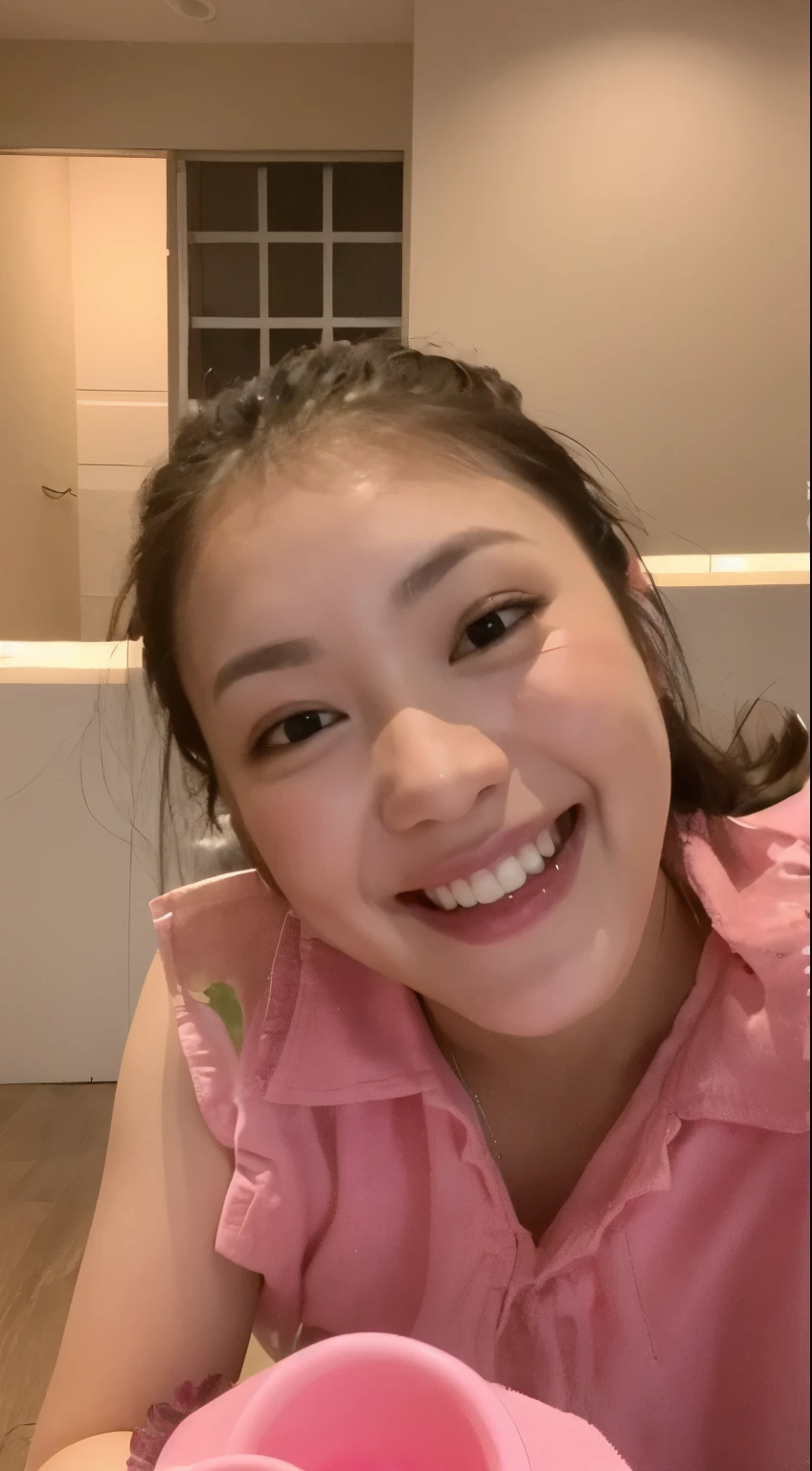 smiling woman in pink shirt sitting at table with a plate of food, 3 0 years old woman, 30 years old woman, mai anh tran, dang my linh, selfie of a young woman, 2 , happily smiling at the camera, 2 8 years oldiling and happy, 2 9 years old