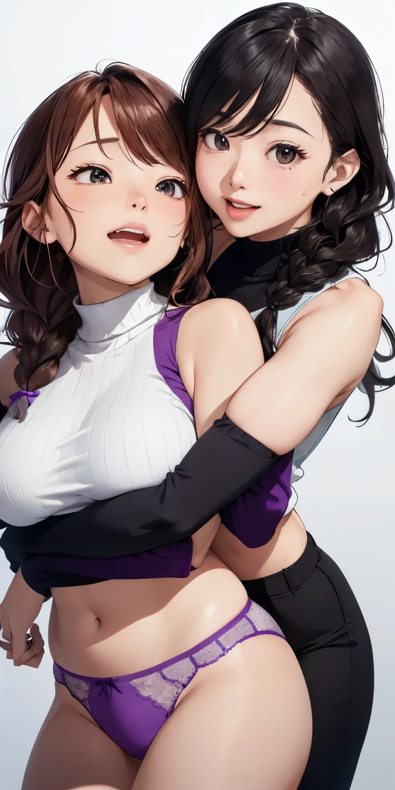 See-through、((squat))(Open mouth climax face）、Wavy hair and braids、Cute face drawing、Realistically、(Two 29-year-old women hugging each other)、Wearing a purple and yellow turtleneck sleeveless t-shirt，，Big Breasts，Accentuate your cleavage，Looking up from below，blush，moist pink lips，sexy，Own，Please open your mouth wide、Place your arms behind your head、Wear underwear