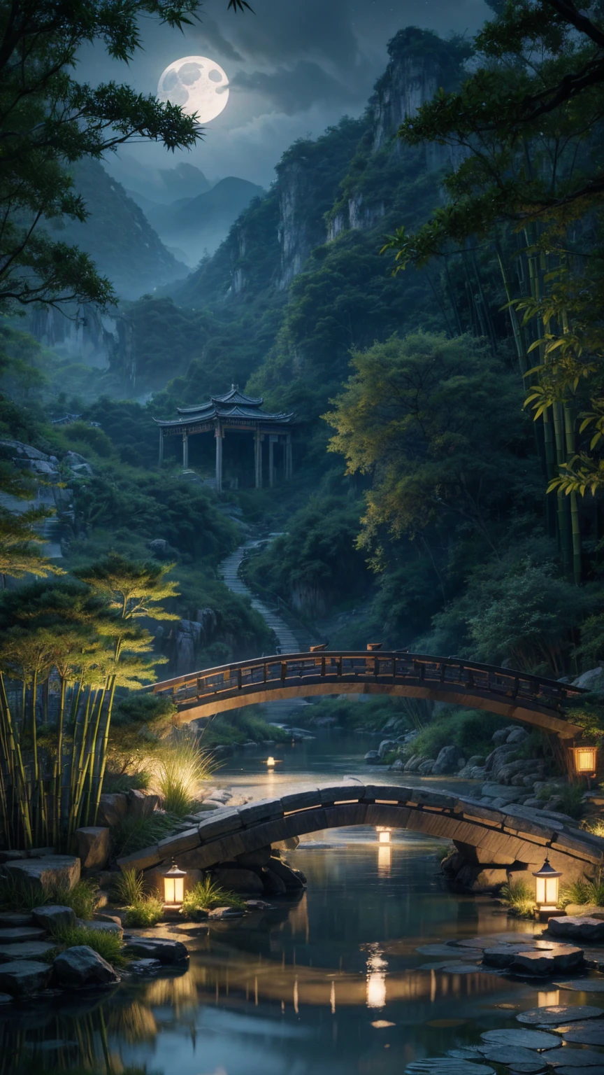 (Beautiful ancient Chinese architecture, Moonlight twinkling, Lake at night, Bamboo Forest, Stone Bridge Arch, Rippling water, Rockery trails, Blooming water lilies, Hot spring steam, Auspicious moonlight illustration: 1.0), Epic creation, Super detailed and realistic, Highly realistic lighting, Best wallpaper quality, masterpiece. (Very detailed CG Unity 8k wallpaper) --v6. 