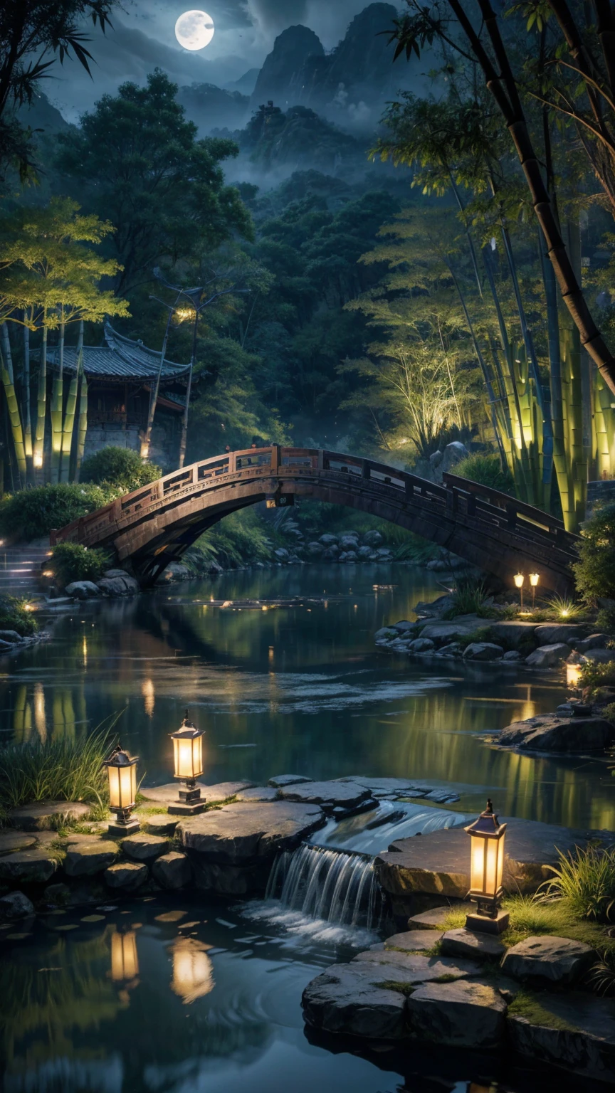 (Beautiful ancient Chinese architecture, Moonlight twinkling, Lake at night, Bamboo Forest, Stone Bridge Arch, Rippling water, Rockery trails, Blooming water lilies, Hot spring steam, Auspicious moonlight illustration: 1.0), Epic creation, Super detailed and realistic, Highly realistic lighting, Best wallpaper quality, masterpiece. (Very detailed CG Unity 8k wallpaper) --v6.