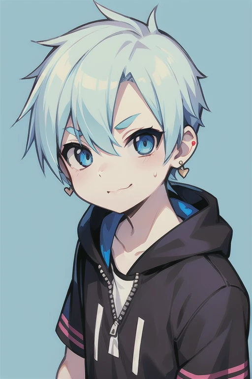 Highest quality, (high quality),light blue background,gradation,punk style,eye highlights, hands together,arms are thin, thin body,face,from front, (portrait), look at viewer,thin eyebrows,wink,smile,Pouting mouth,watery eyes,open your mouth and laugh,(((10 years old))), (1 boy),white hair,short hair,industrial earrings,illustration,anime style,
