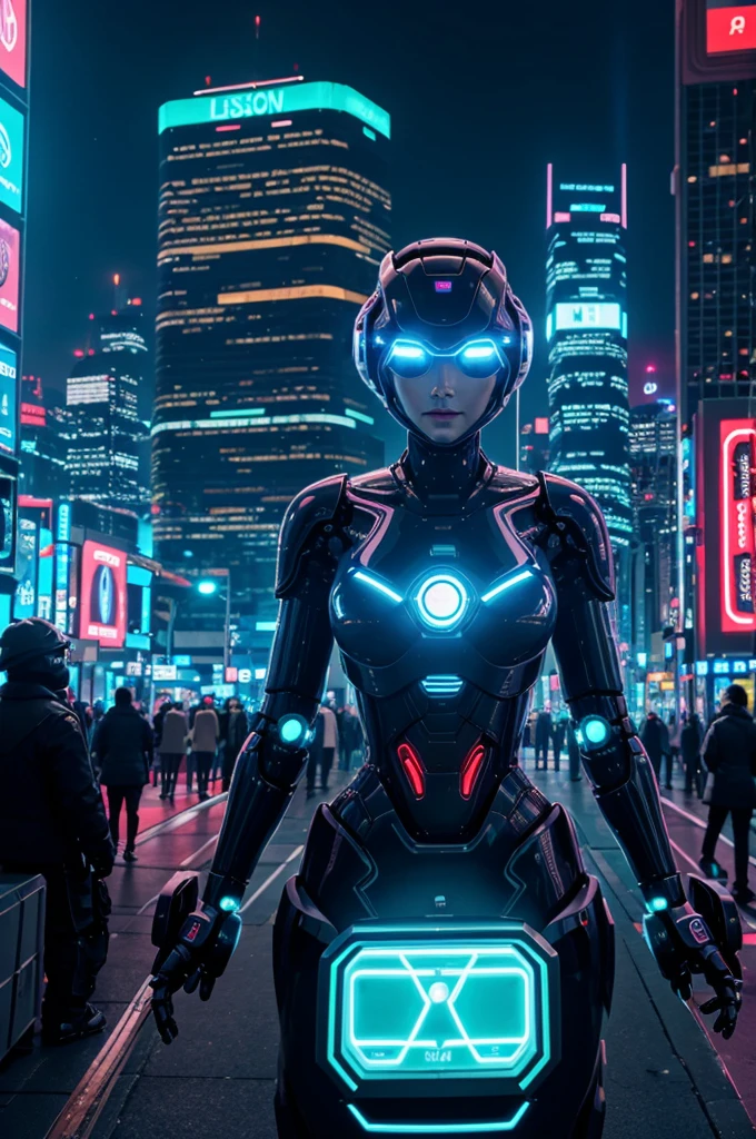 "Futuristic cityscape with advanced AI technologies in the background, glowing neon lights, and robots interacting with humans