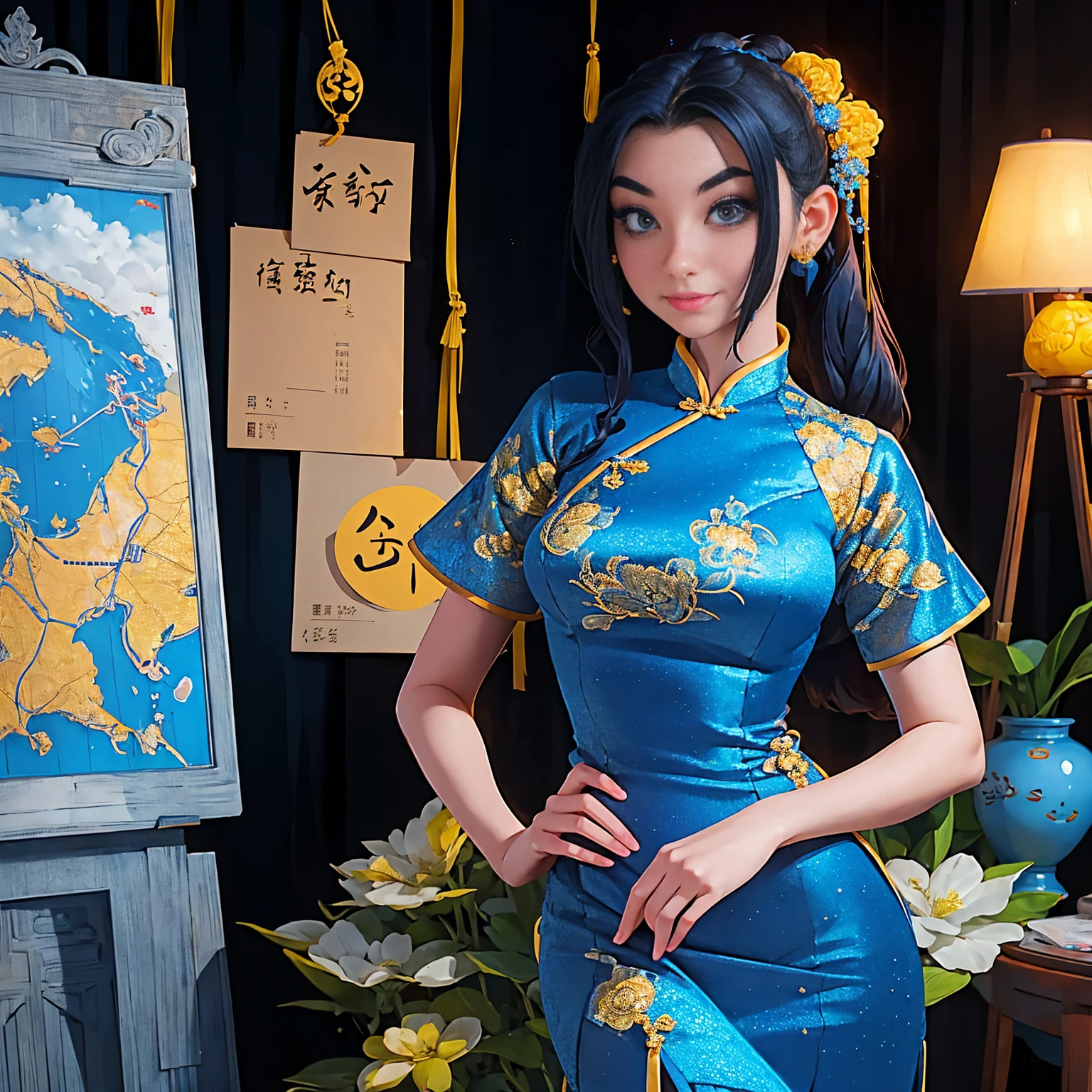 araffe woman in a blue and yellow dress posing for a picture, a statue inspired by Guo Xi, trending on cg society, happening, chinese dress, in a blue qipao, gorgeous chinese model, chinese girl, wearing a blue qipao dress, chinese costume, cheongsam, wearing a red cheongsam, chinese princess, trending at cgstation