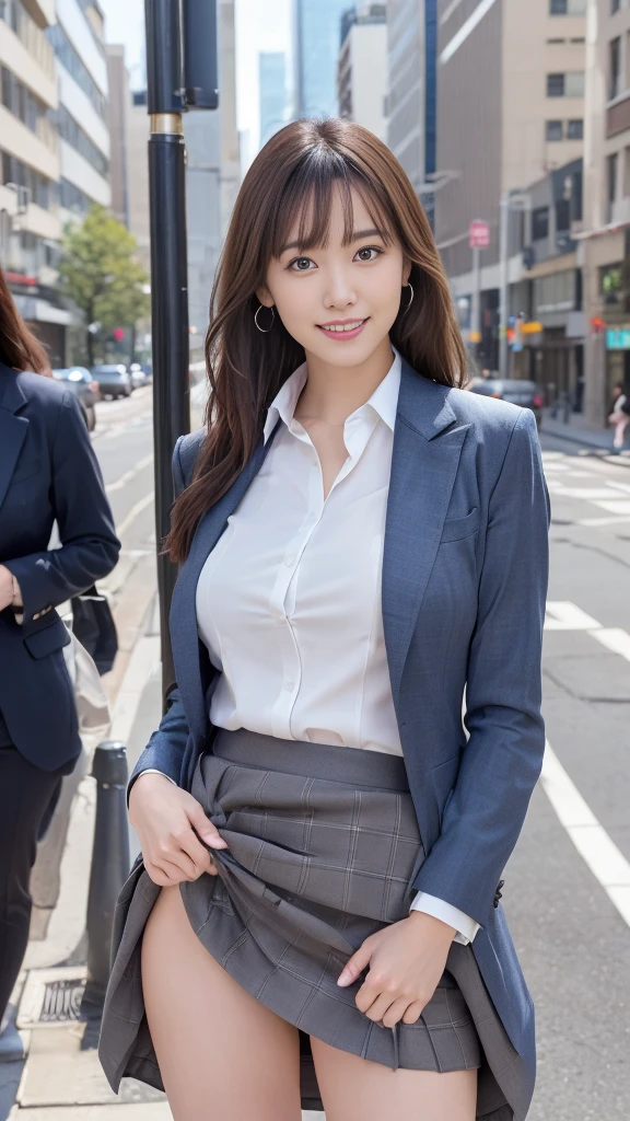 Woman in a suit standing on the sidewalk,((23-year-old woman))、small Breasts、Dark brown hair color、Hairstyle with bangs、Various hairstyles、Hairstyles of different lengths、(8k, RAW Photos, highest quality, Tabletop: 1.2),、(Realistic, Realistic: 1.3), Cityscape, Day, Sunny Morning, Professional Lighting, Photon Mapping, shirt, (Woman in a suit,) Silk Suit、Pencil Skirt、Tight Skirt、((Delicate photo))，(Detailed RAW Photos of Girls), (Tabletop:1.25), (highest quality:1.6), (超A high resolution:1.5), (Realistic:1.75), 8k resolution, Canon EOS R5, 50mm, absurdes, Ultra-detailed,Cinema Lighting, (Skirt Lift:1.5)、nsfw、the wind is strong、smile、Skirt flipped up、sexy white panties,