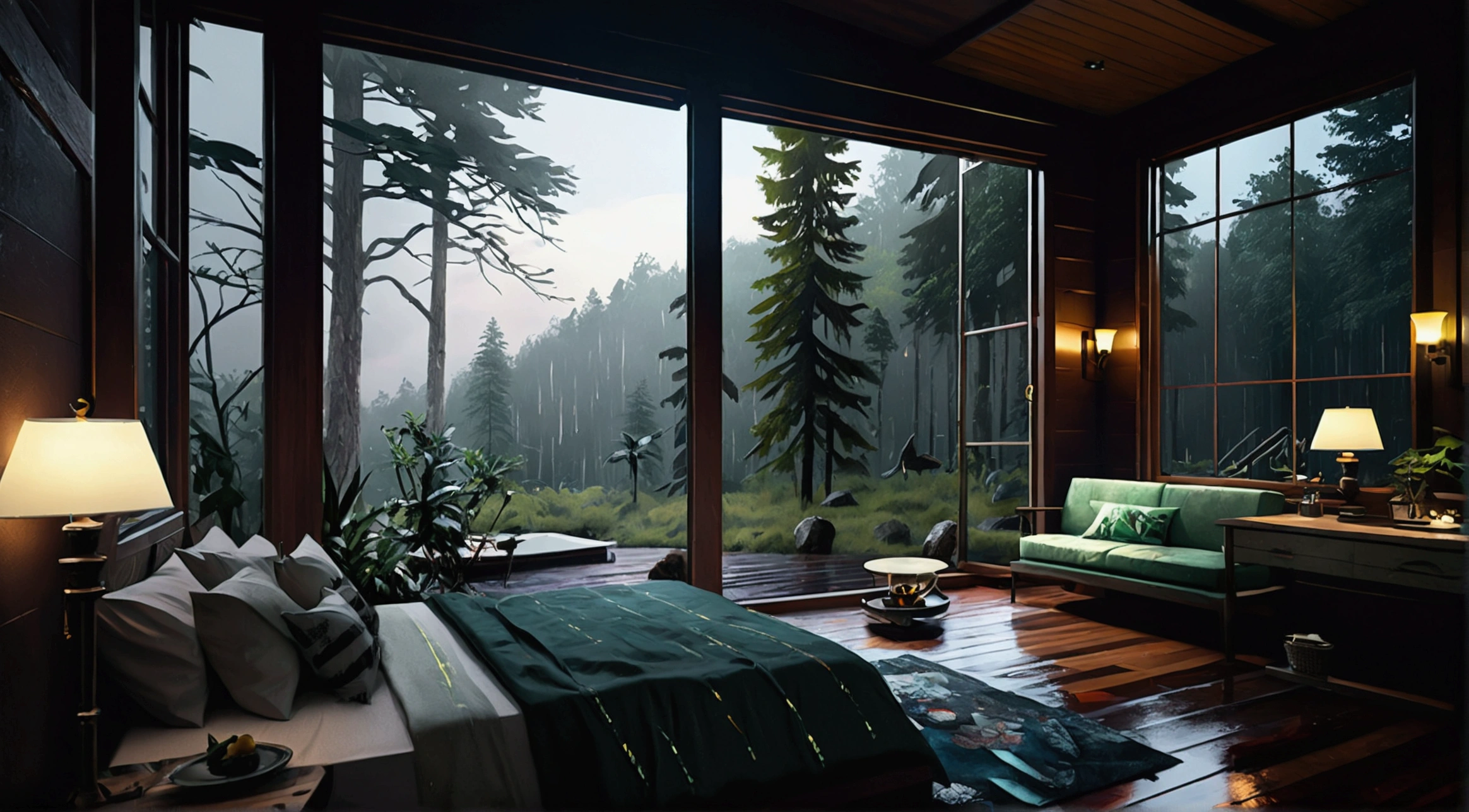 high resolution, high definition, high quality, landscape, realistic, log cabin, outside window, dark sky outside with cold rain, dark outside lighting, rain, fireplace, bed with green sheets, cool mood lighting, view side from the perspective of the bed, torch light in the house, bed on the left side. one bed, side perspective, tall pine forest outside, magic warm lights, magic floating candles, rainy season outside, green forest, long bed, no lamps or modern lamps, close to the bed perspective.