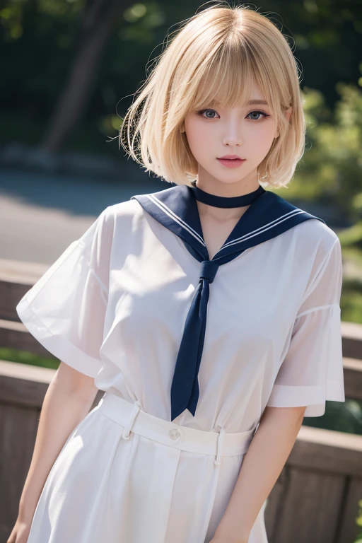 (Highest quality, High resolution, Realistic,8k,masterpiece, ),(Audience friendly)、Shoot from the front、Highest quality, masterpiece8k.High resolution. High resolutionabsurdres:1.2,Lens flare, (Bright colors:1.2), (delicate), (Sensual)、Japanese、blonde、short hair、Black choker、Navy blue sailor shirt、Full body photography