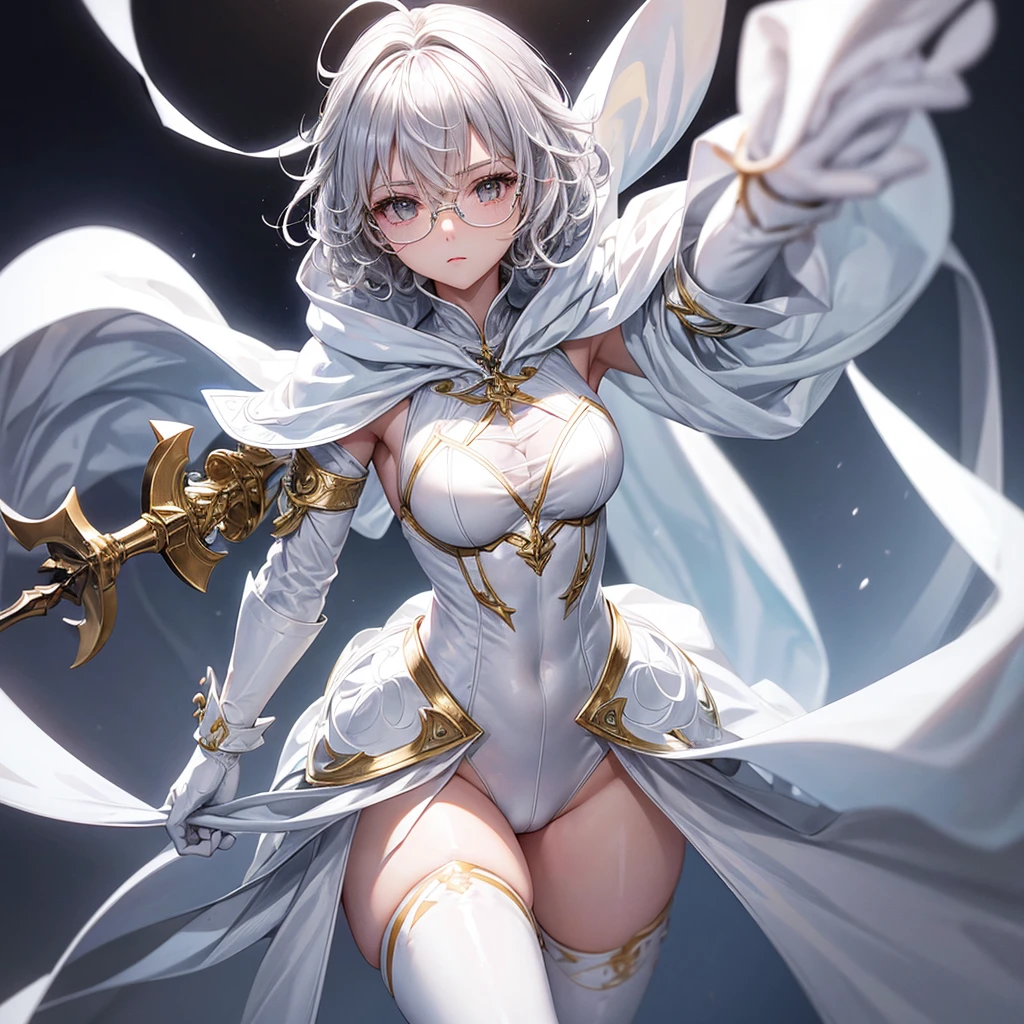 1 female、Silver Hair、Short Hair、Slightly curly hair、White leotard、Wearing a white cloak and hood、Long gloves in white、White long boots、Gold bracelets on both hands、Wear protective glasses、Black trim on clothes、Fire effect、high resolution、high quality、masterpiece、detailed、