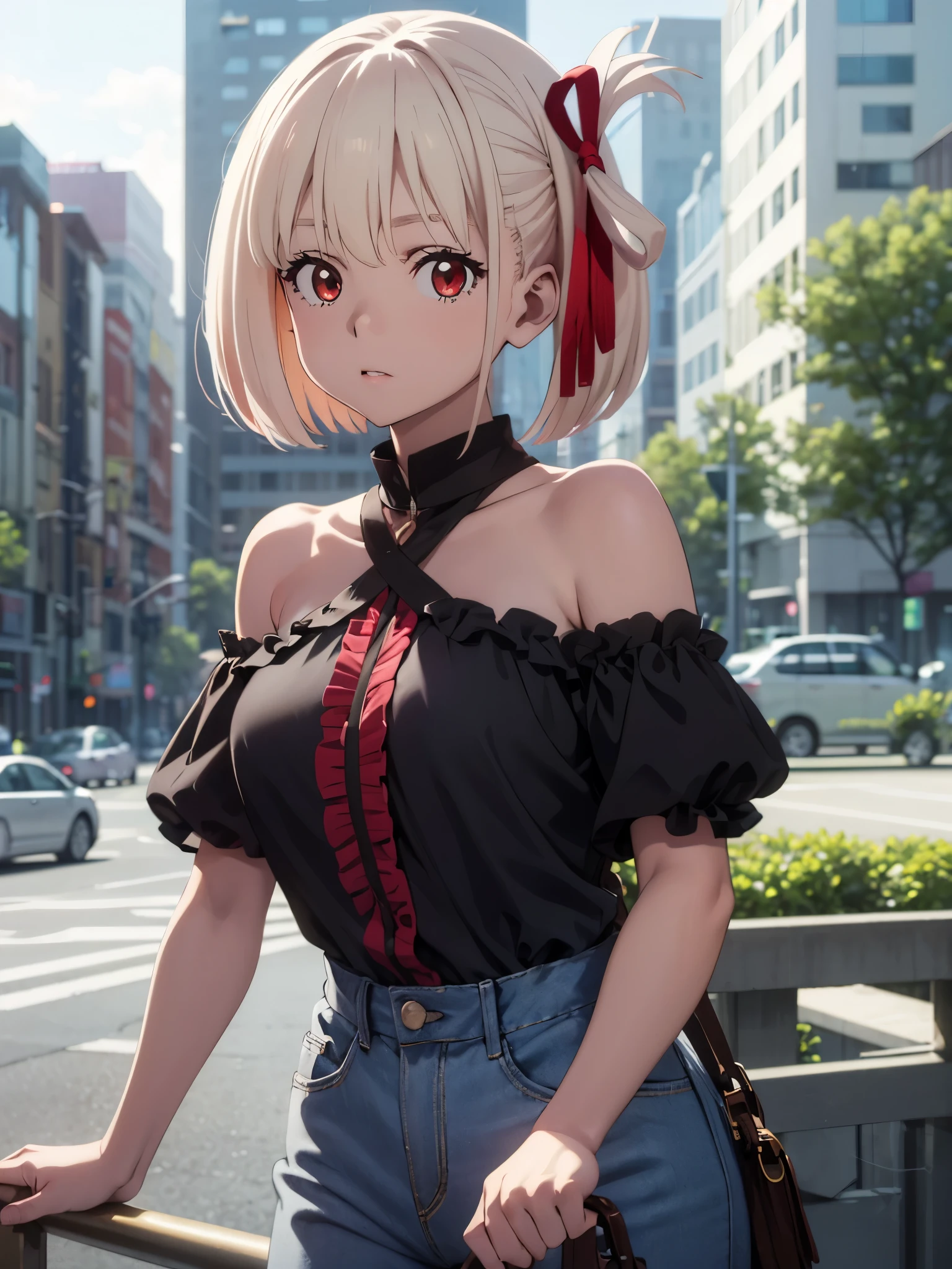 chisatonishikigi, chisato nishikigi, short hair, bangs, blonde hair, (red eyes:1.5), hair ribbon, one side up, bob cut, BREAK shirt, bare shoulders, twintails, collarbone, hair ribbon, white shirt, frills, off shoulder, red ribbon, short twintails, off-shoulder shirt, frilled shirt, BREAK outdoors, city, BREAK looking at viewer, (cowboy shot:1.5), BREAK (masterpiece:1.2), best quality, high resolution, unity 8k wallpaper, (illustration:0.8), (beautiful detailed eyes:1.6), extremely detailed face, perfect lighting, extremely detailed CG, (perfect hands, perfect anatomy),