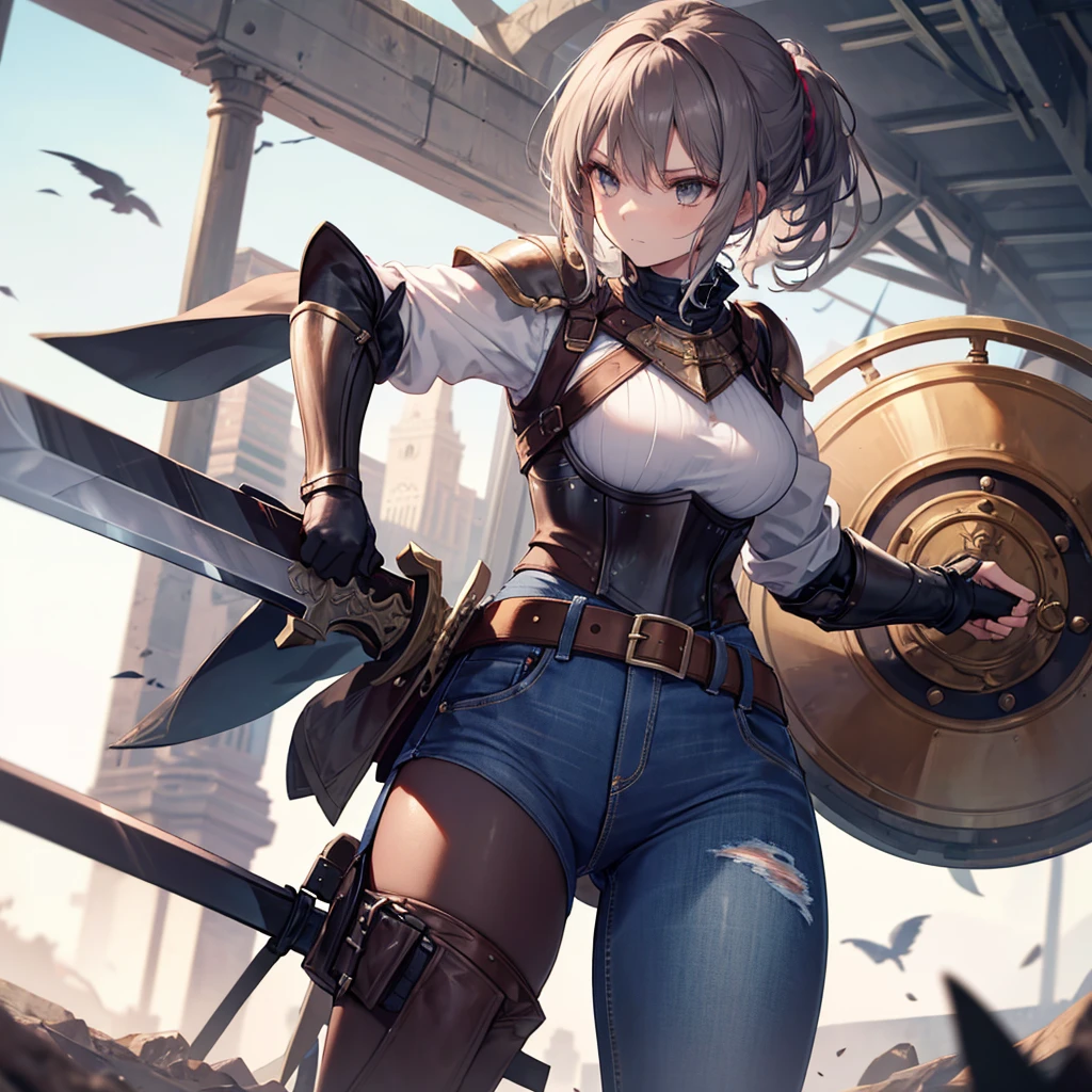 A woman wearing jeans with a breastplate and long silver hair tied in a ponytail.
A woman with short cut brown hair, sword and shield, brown imand, and hot pants.